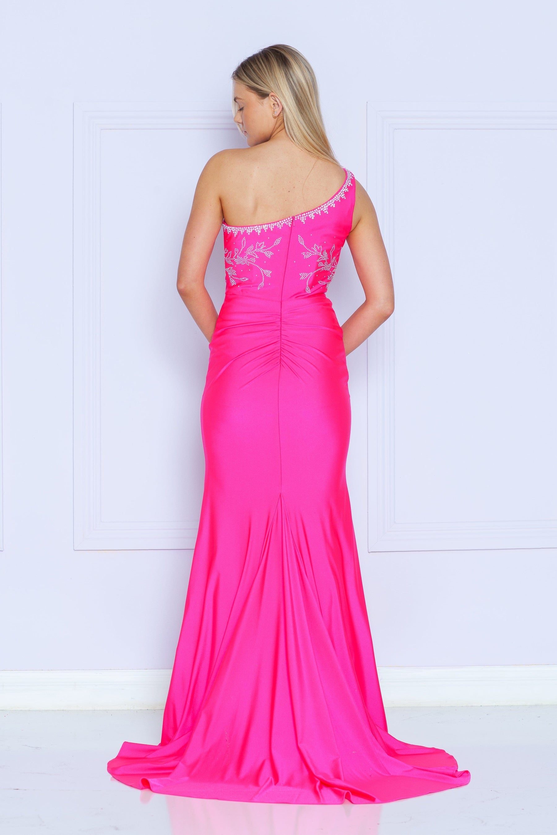 Hot Pink One Shoulder Floor-Length Beaded Prom Gown with Side Slit Poly USA 9136