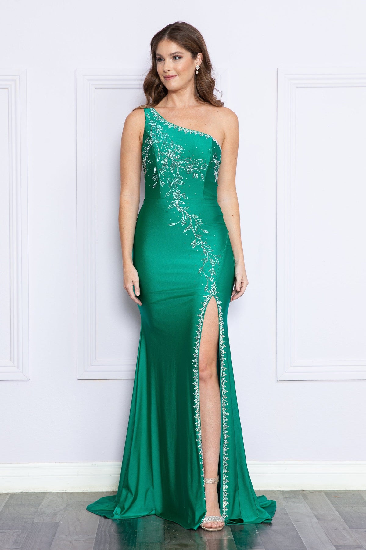 Emerald One Shoulder Floor-Length Beaded Prom Gown with Side Slit Poly USA 9136