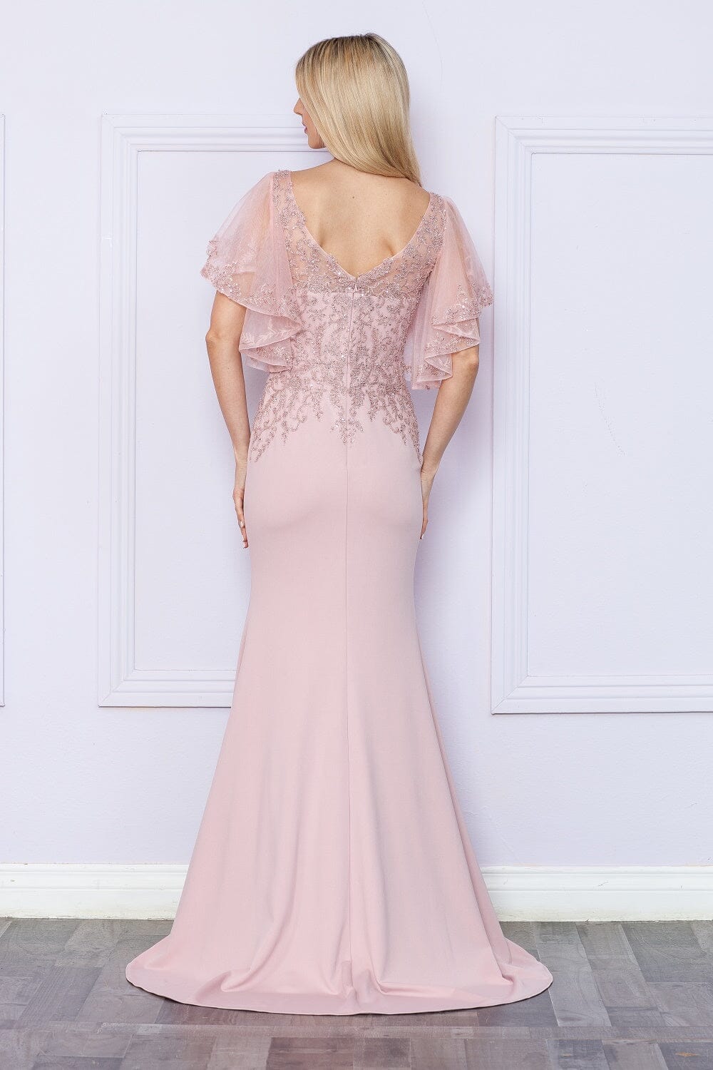 Mauve V-Neck Floor-Length Sequin Dress with Flutter Sleeves and Side Slit Formal Gown Poly USA 9318