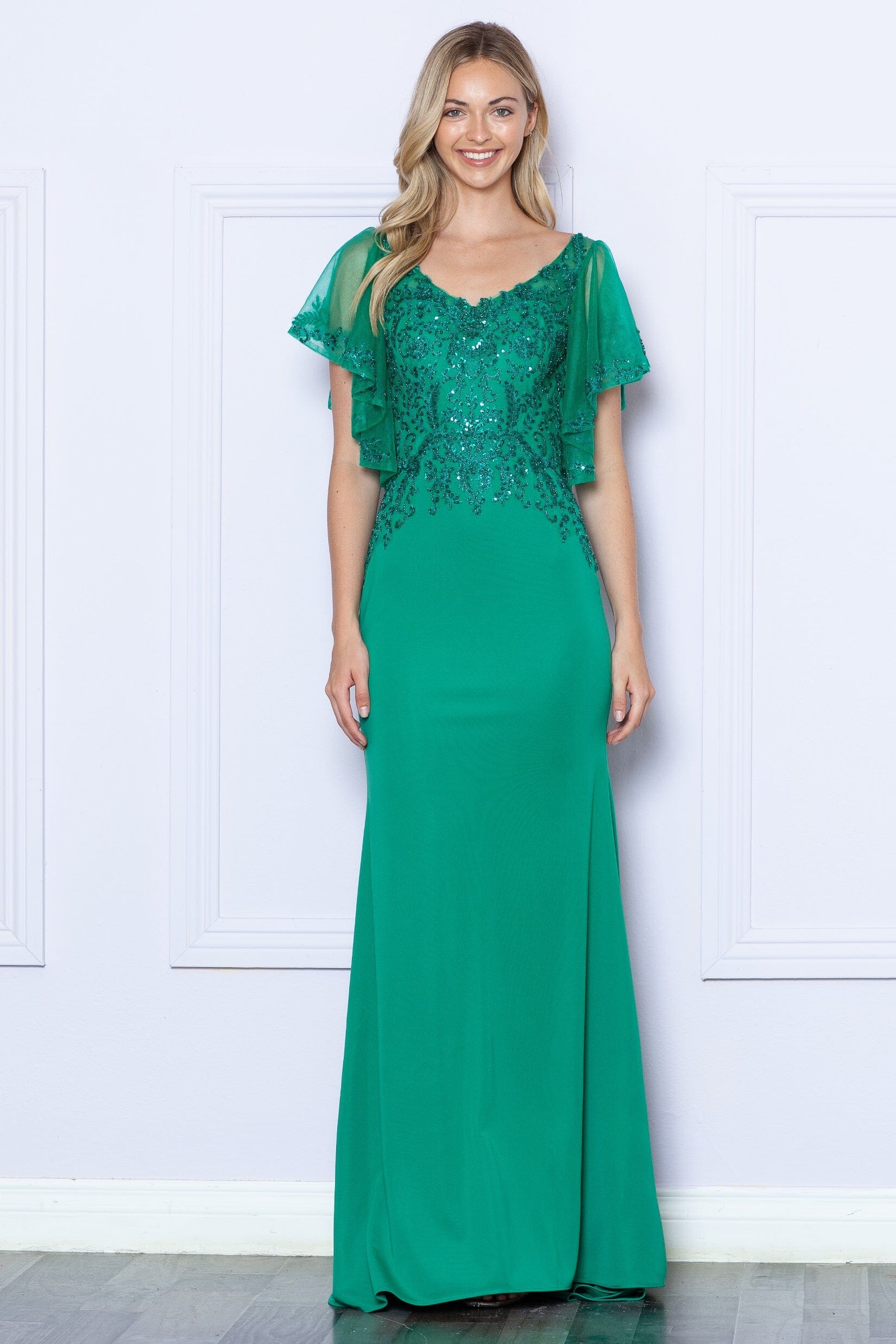 Emerald V-Neck Floor-Length Sequin Dress with Flutter Sleeves and Side Slit Formal Gown Poly USA 9318