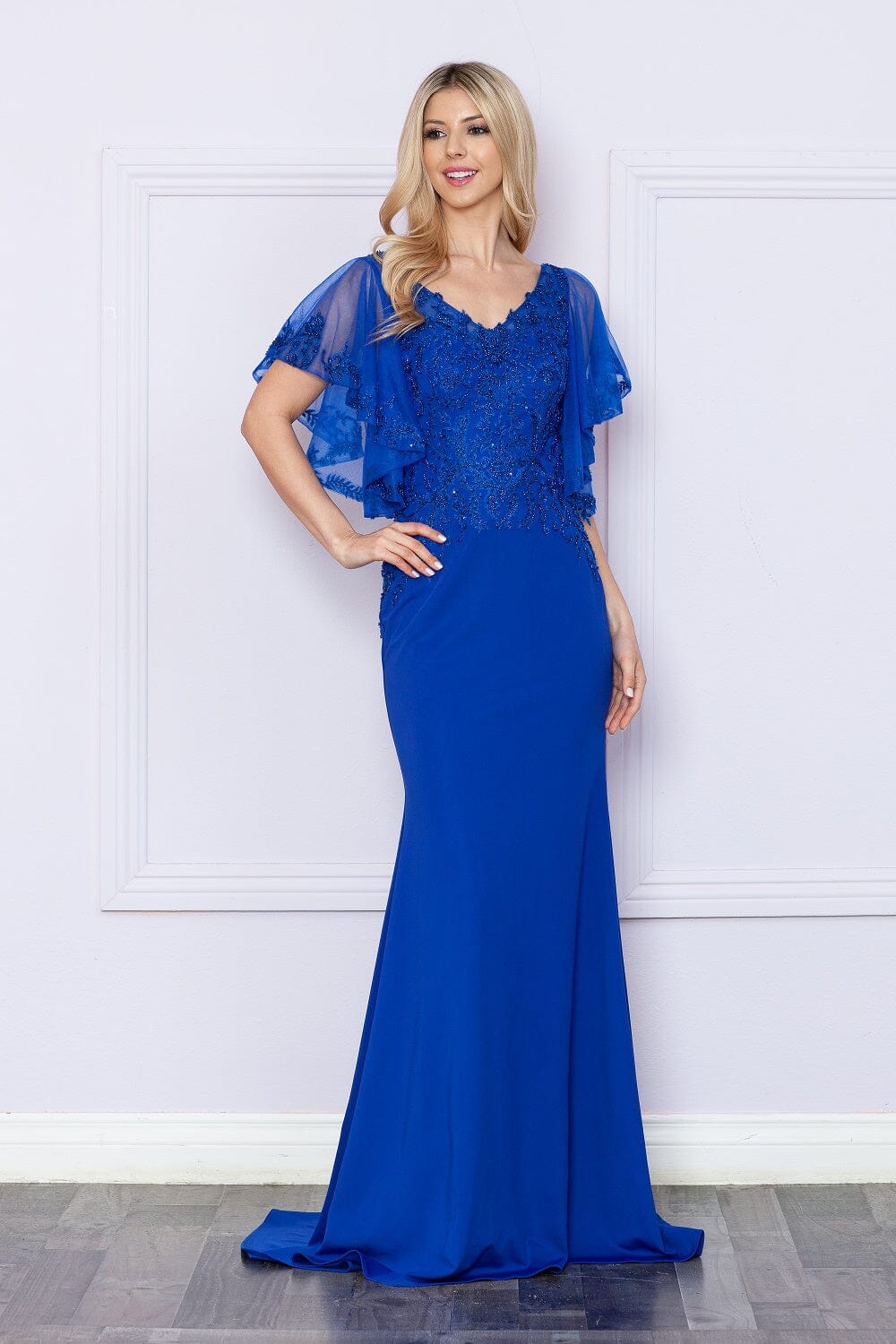 Royal V-Neck Floor-Length Sequin Dress with Flutter Sleeves and Side Slit Formal Gown Poly USA 9318