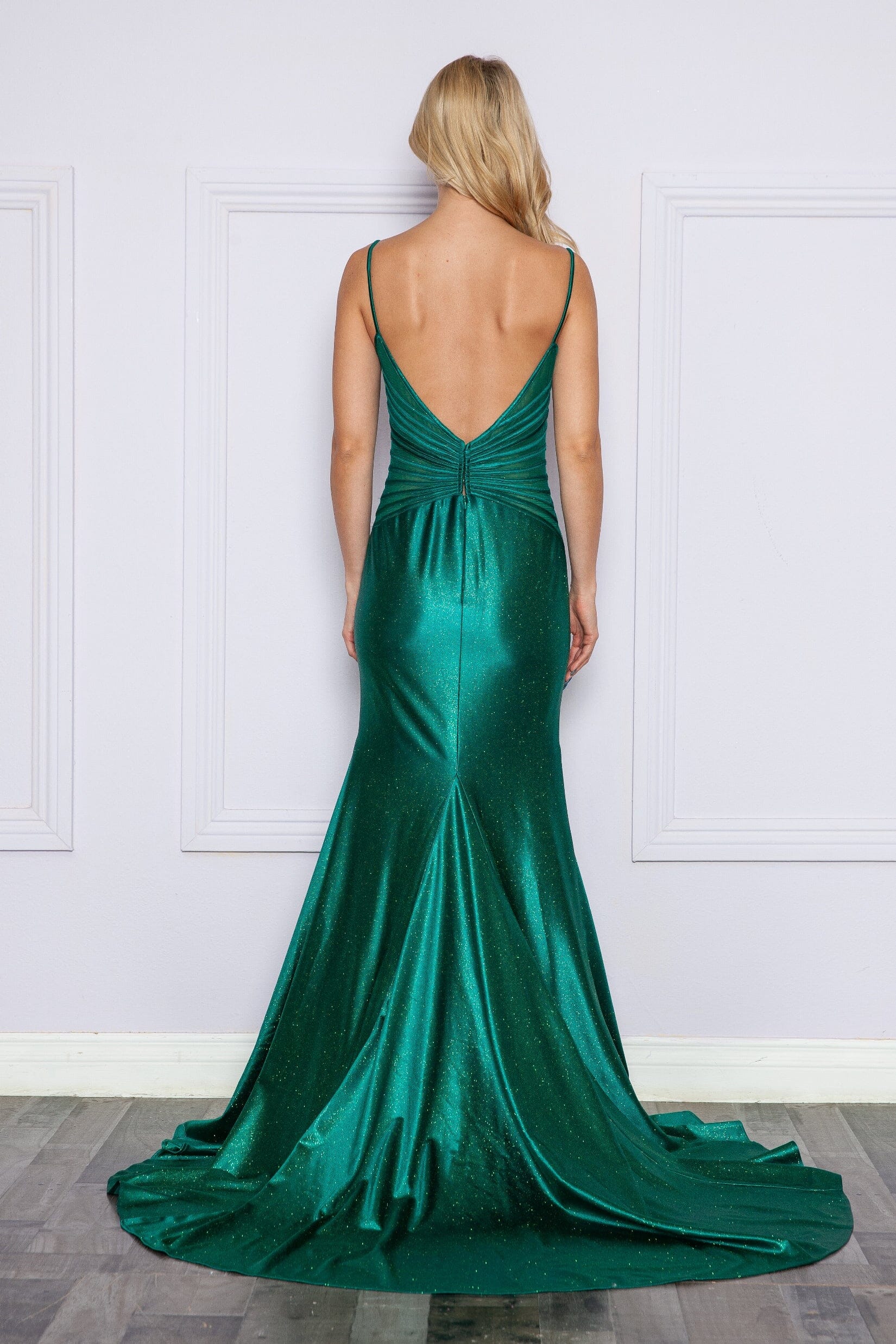 Emerald V Neck Floor Length Satin Prom Dress with Side Slit Formal Gown Poly USA 9260