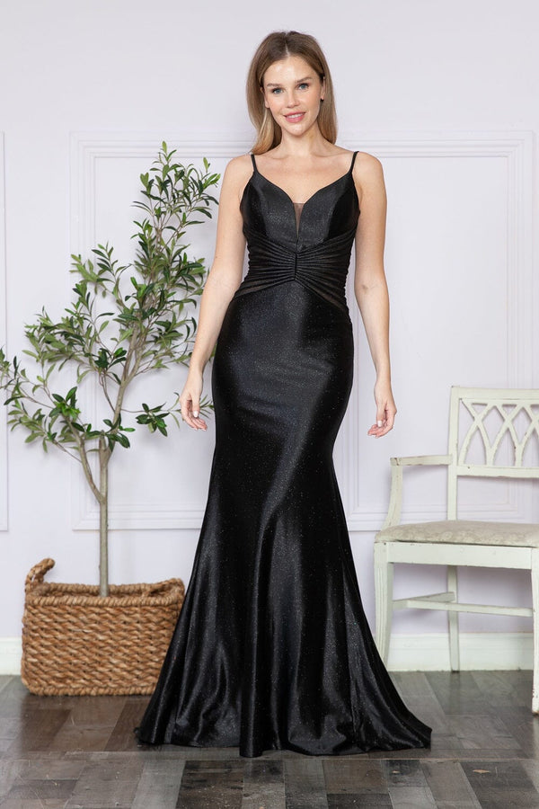V Neck Floor Length Satin Prom Dress with Side Slit Formal Gown Poly USA 9260