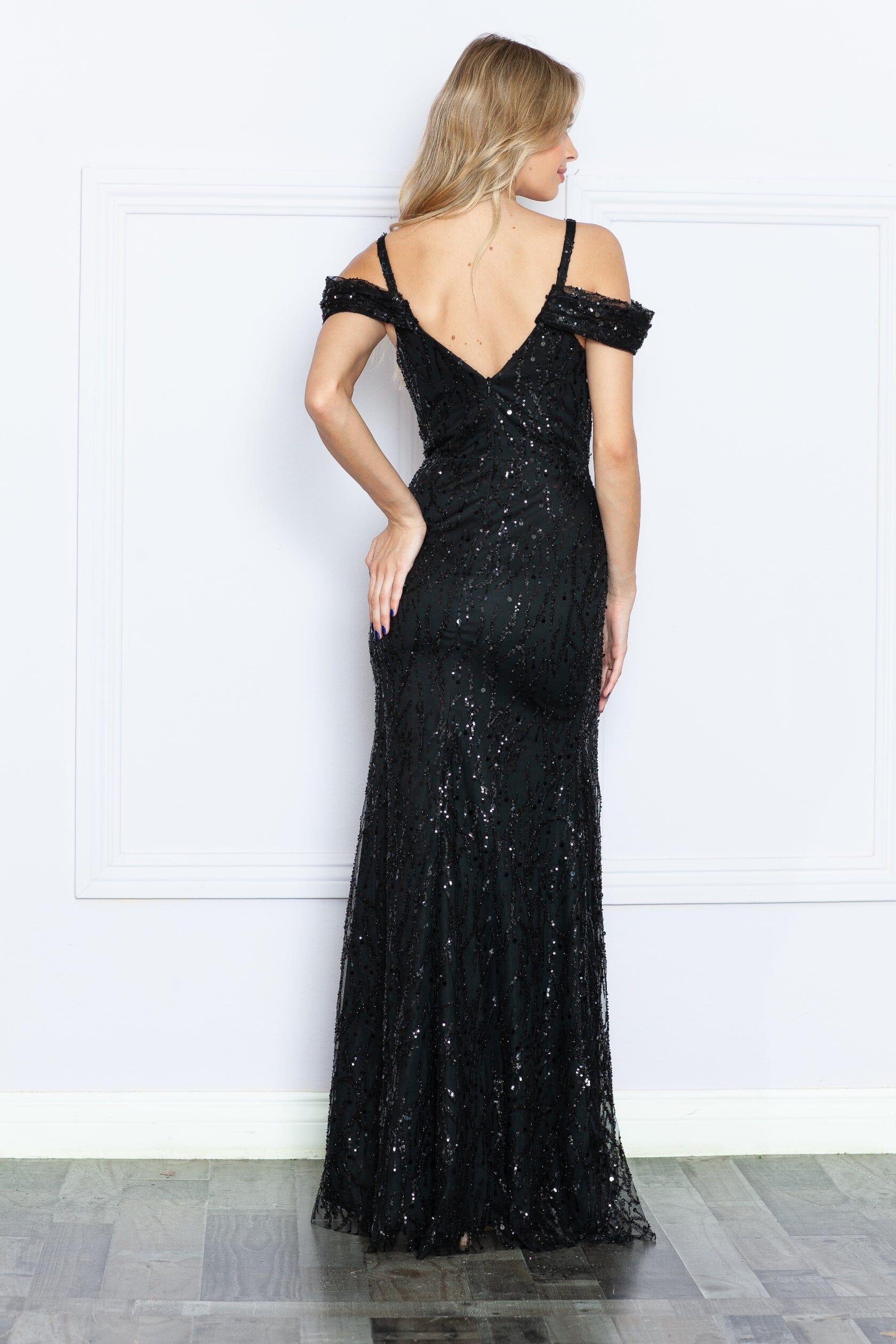 Black Cold Shoulder Floor-Length Glitter Print Dress with Side Slit Prom Gown Poly USA 9384
