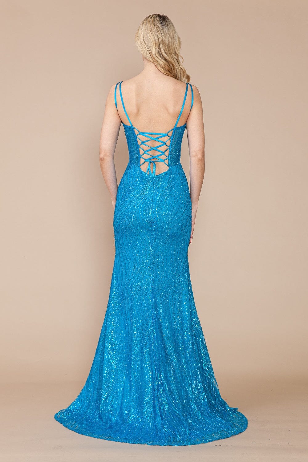 Turquoise Off-the-Shoulder Floor-Length Sequin Formal Gown with High Slit Applique Poly USA 9400