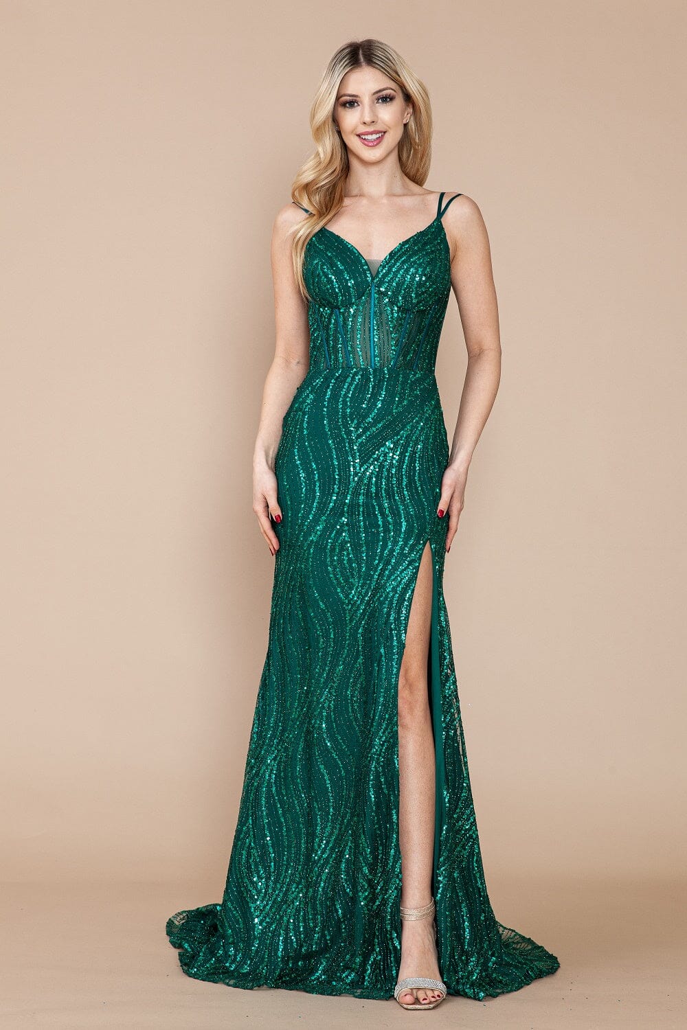 Emerald Off-the-Shoulder Floor-Length Sequin Formal Gown with High Slit Applique Poly USA 9400