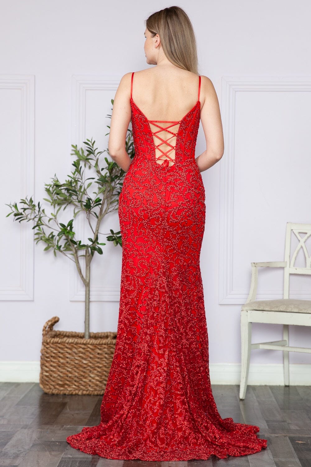 Red Sweetheart Floor Length Sequin Prom Dress with Fitted Glitter Print Formal Gown Poly USA 9354