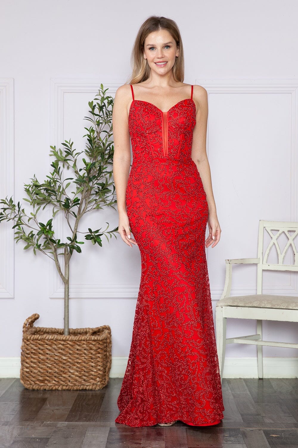 Red Sweetheart Floor Length Sequin Prom Dress with Fitted Glitter Print Formal Gown Poly USA 9354