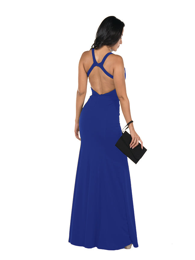 Royal V-Neck Floor-Length Heavy Jersey Prom Gown with Side Slit Poly USA 8298