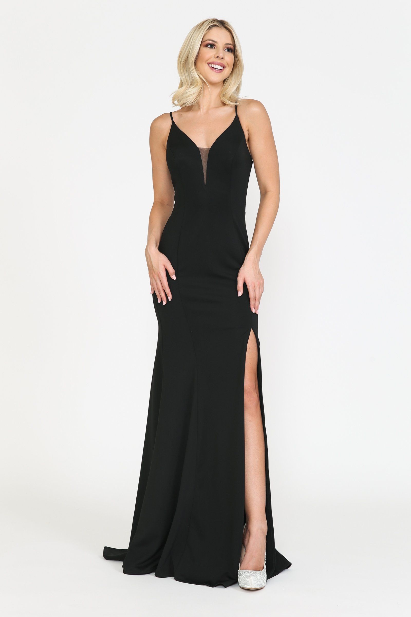 Black V-Neck Floor-Length Jersey Prom Dress with High Slit Poly USA 8360