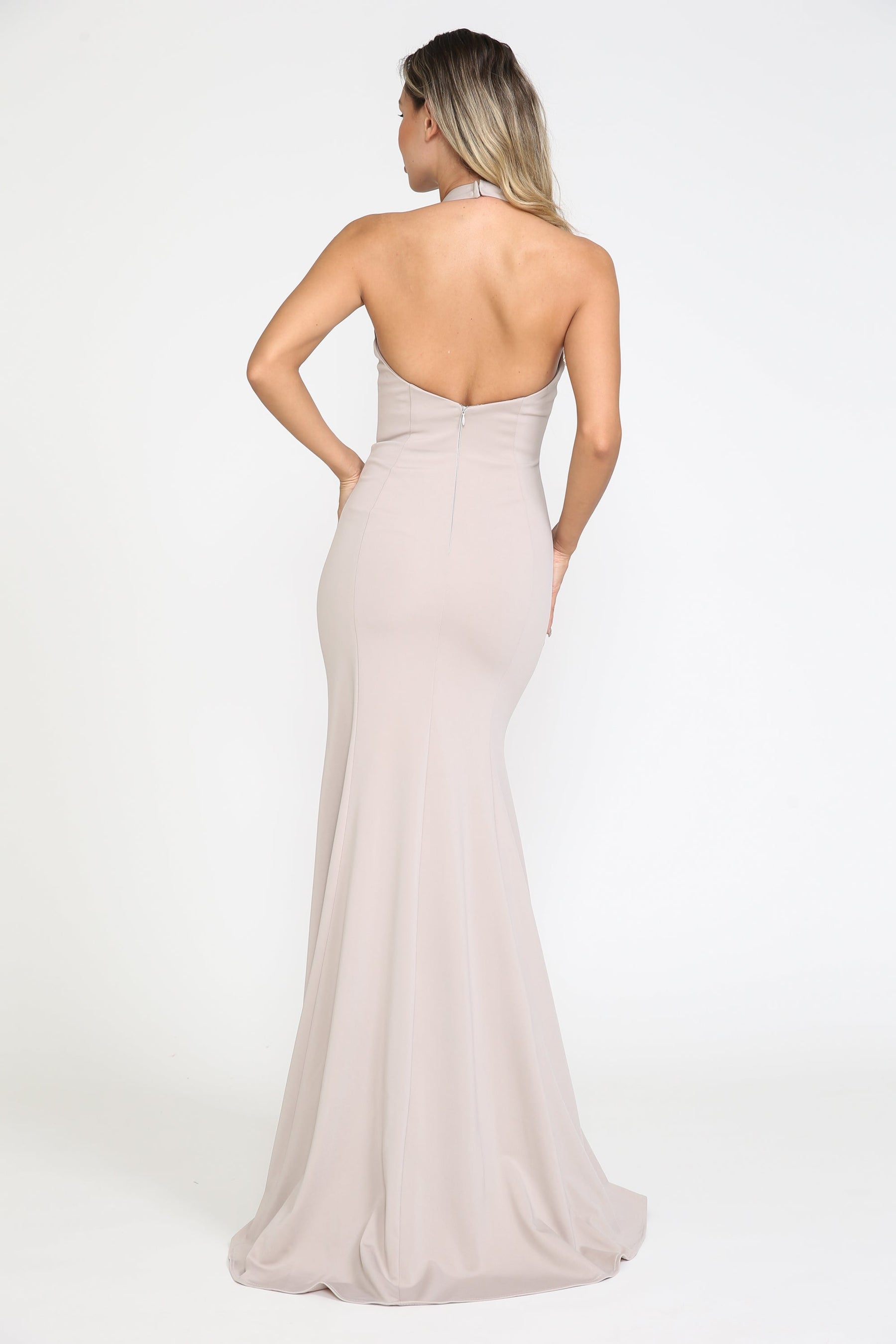 Mocha V Neck Floor Length Jersey Gown with Sweep Train Prom Dress Poly USA 8262