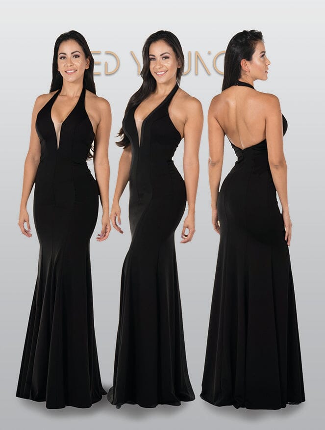 Black V Neck Floor Length Jersey Gown with Sweep Train Prom Dress Poly USA 8262