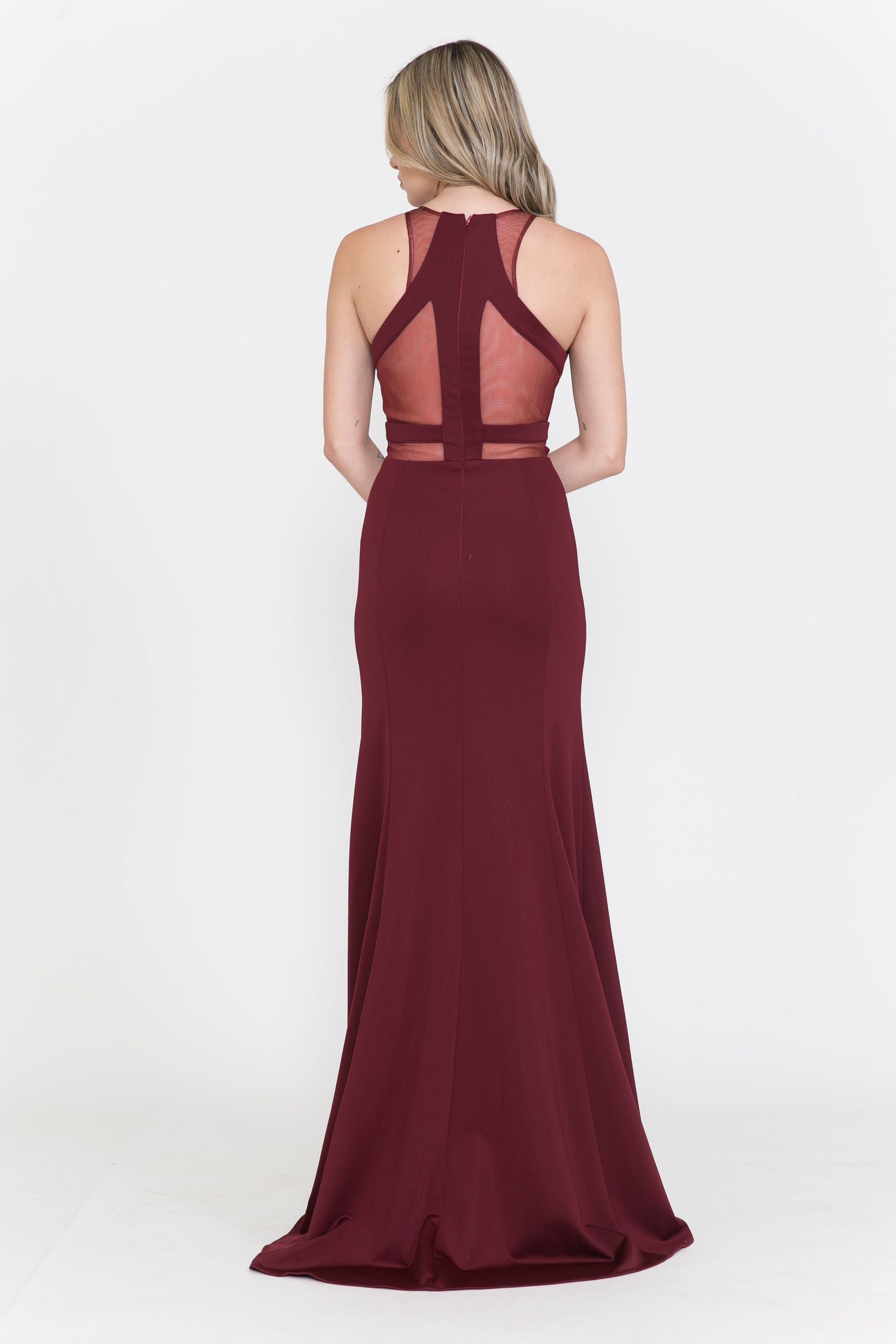 Burgundy Halter Neck Floor Length Satin Formal Dress with Mesh Insets Poly USA 8054