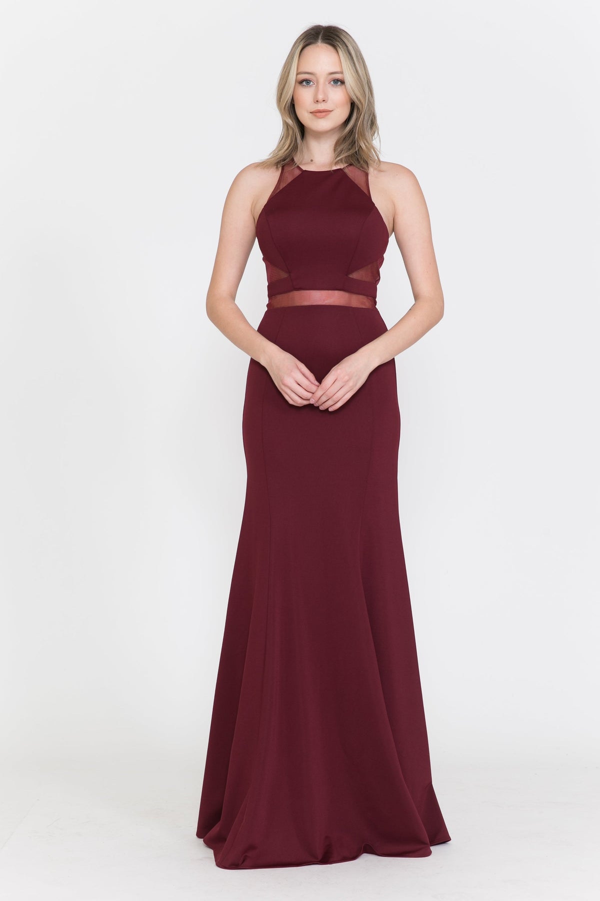 Burgundy Halter Neck Floor Length Satin Formal Dress with Mesh Insets Poly USA 8054