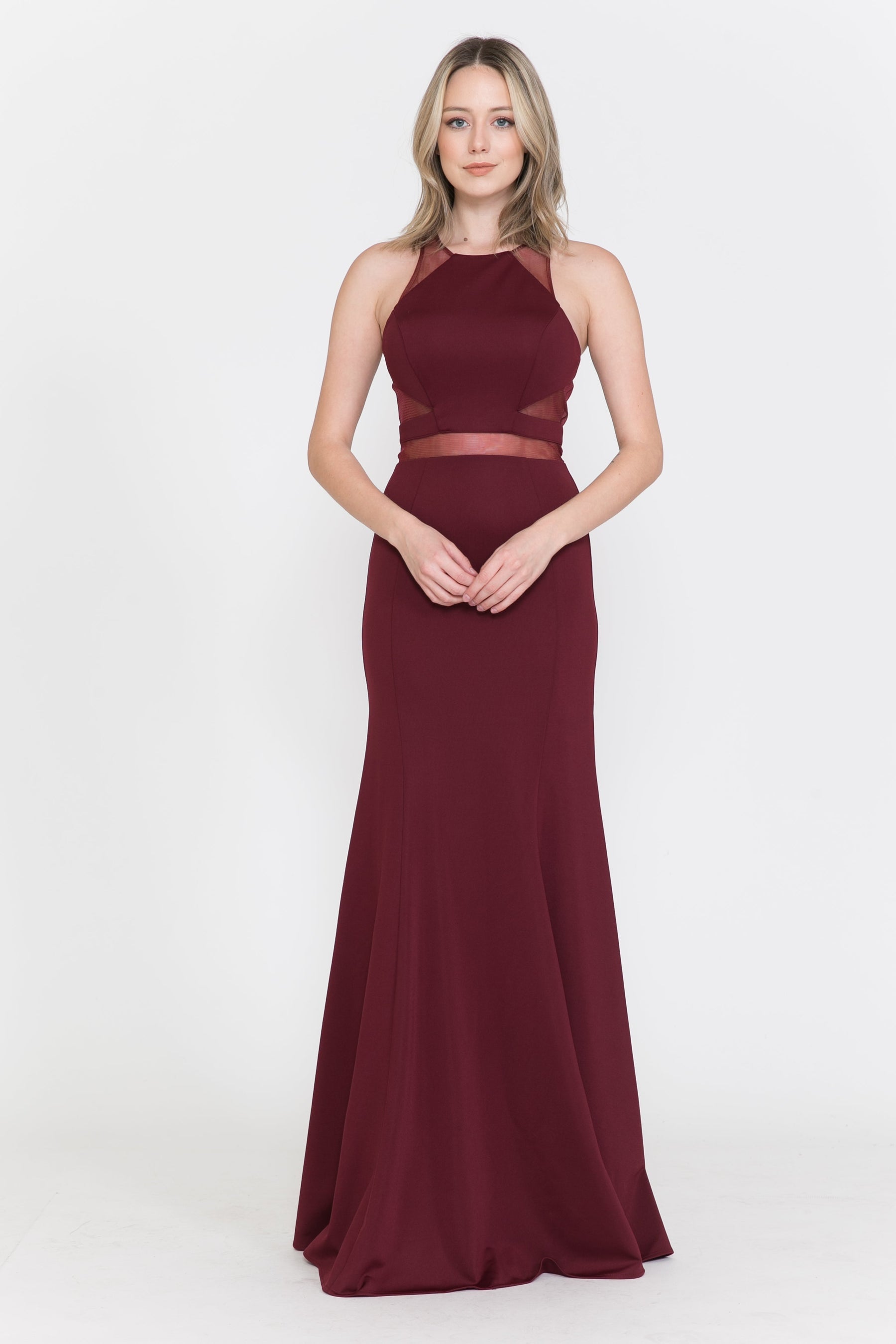 Burgundy Halter Neck Floor Length Satin Formal Dress with Mesh Insets Poly USA 8054