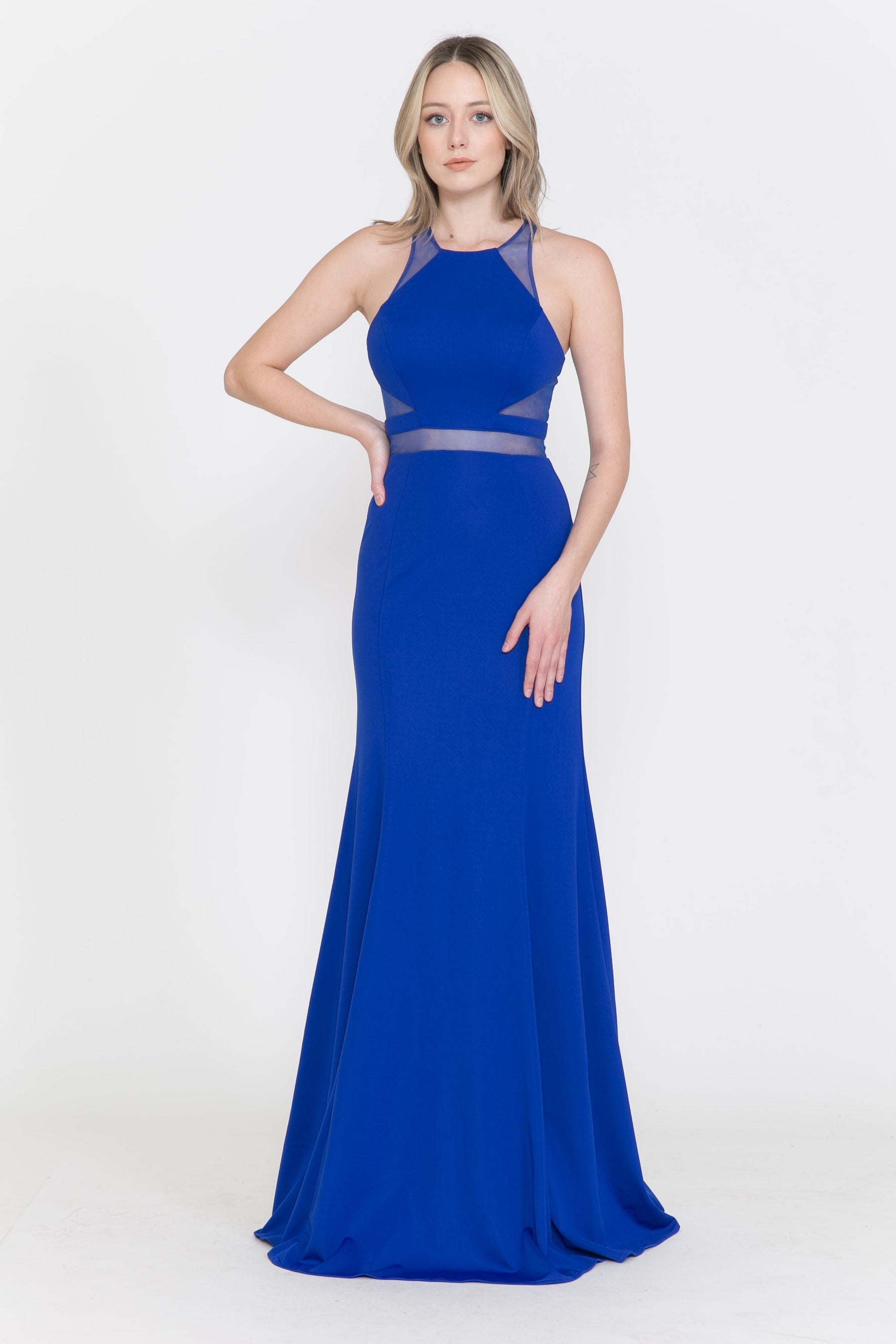Royal Halter Neck Floor Length Satin Formal Dress with Mesh Insets Poly USA 8054