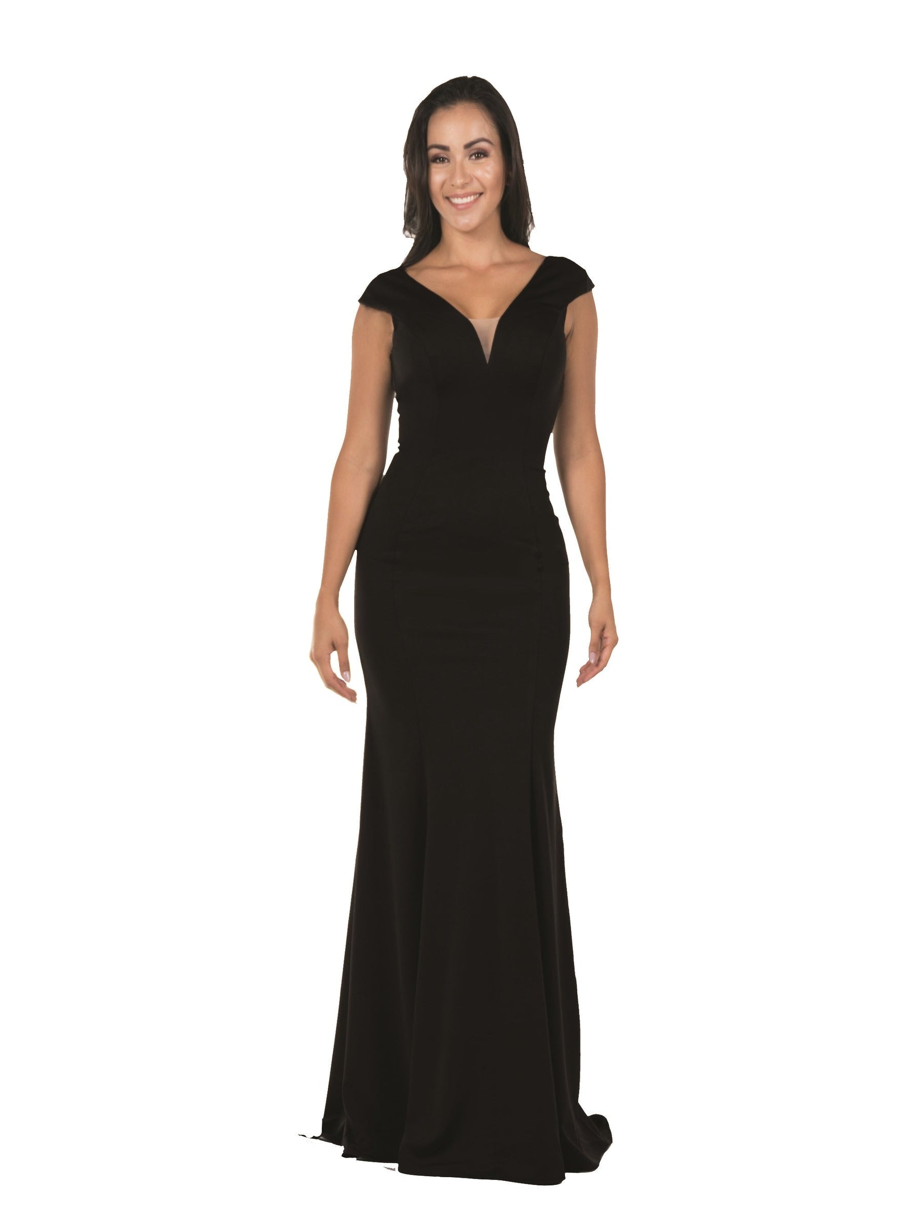 Black V-Neck Floor-Length Heavy Jersey Formal Gown with Side Slit Poly USA 8290
