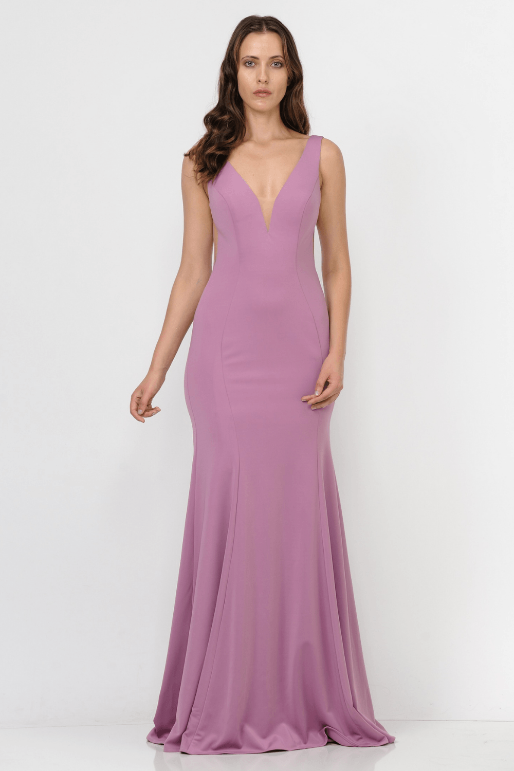 Violet V-Neck Floor-Length Jersey Formal Gown with Sheer Sides Poly USA 8158