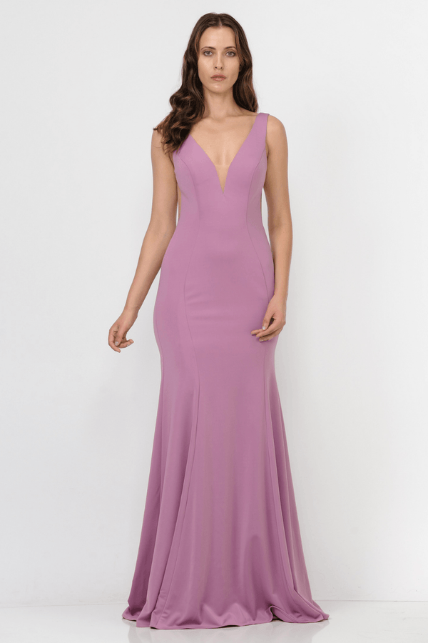 V-Neck Floor-Length Jersey Formal Gown with Sheer Sides Poly USA 8158