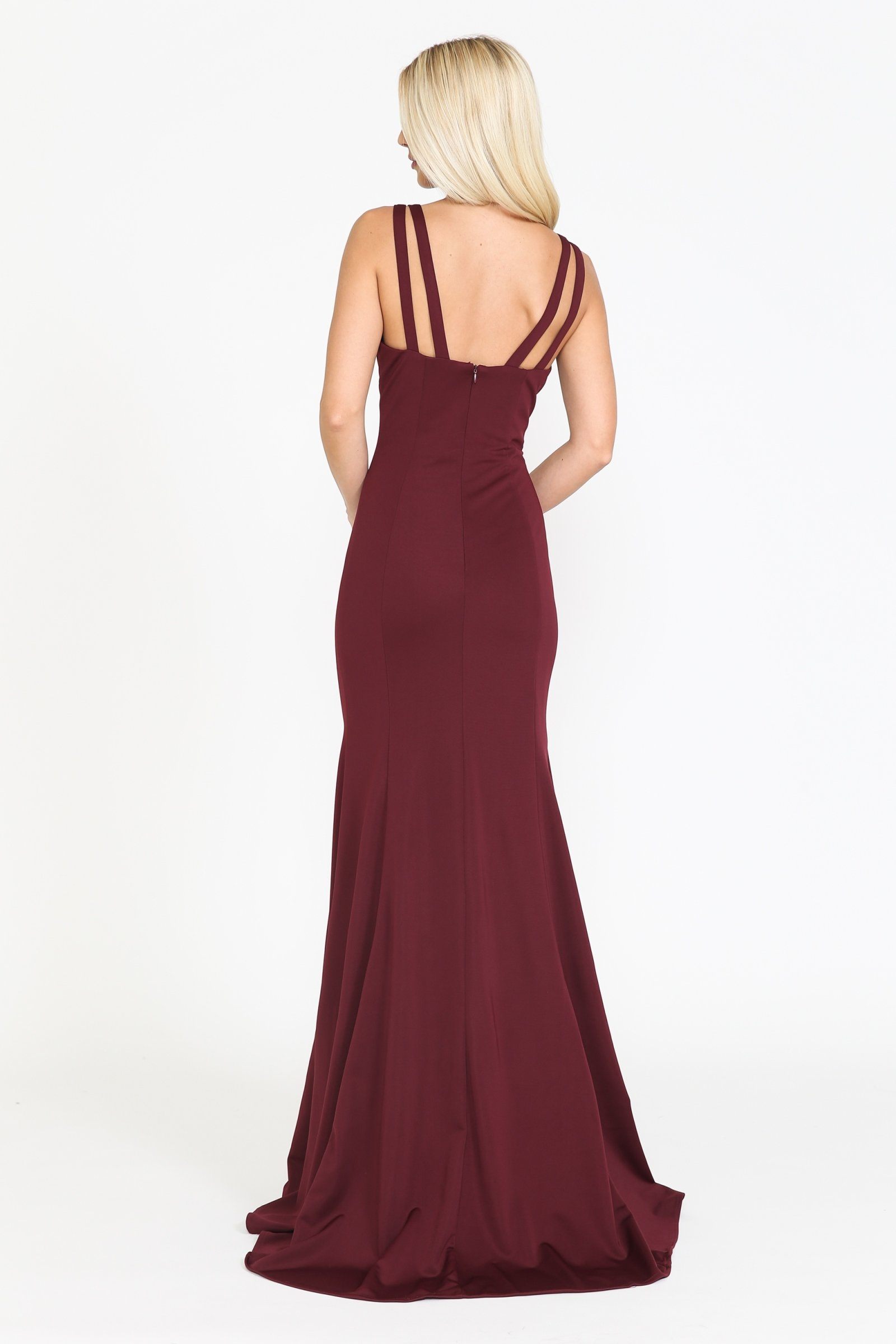 Burgundy V-Neck Floor-Length Jersey Formal Dress with Mermaid Silhouette Poly USA 8392