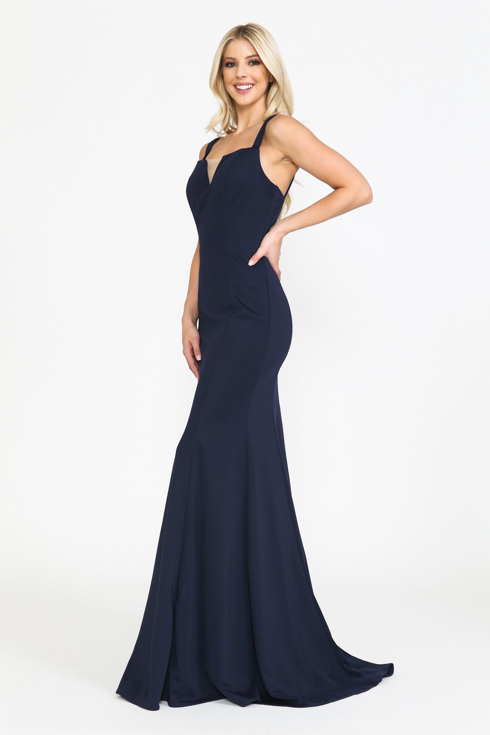 Navy V-Neck Floor-Length Jersey Formal Dress with Mermaid Silhouette Poly USA 8392