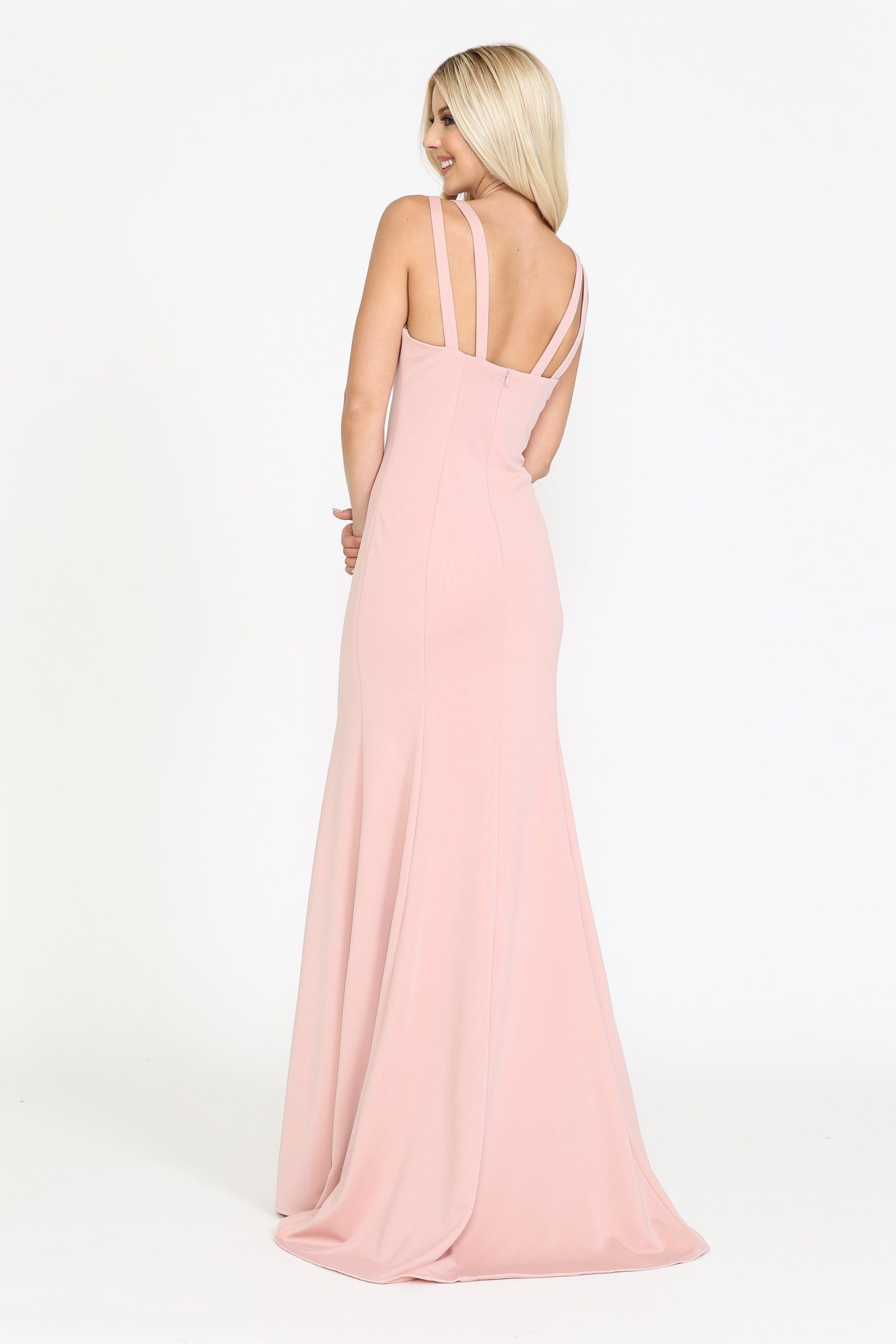 Rose Gold V-Neck Floor-Length Jersey Formal Dress with Mermaid Silhouette Poly USA 8392