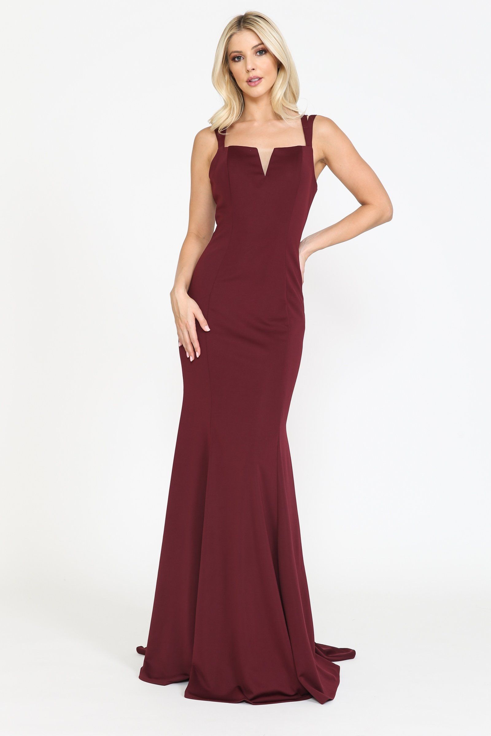 Burgundy V-Neck Floor-Length Jersey Formal Dress with Mermaid Silhouette Poly USA 8392