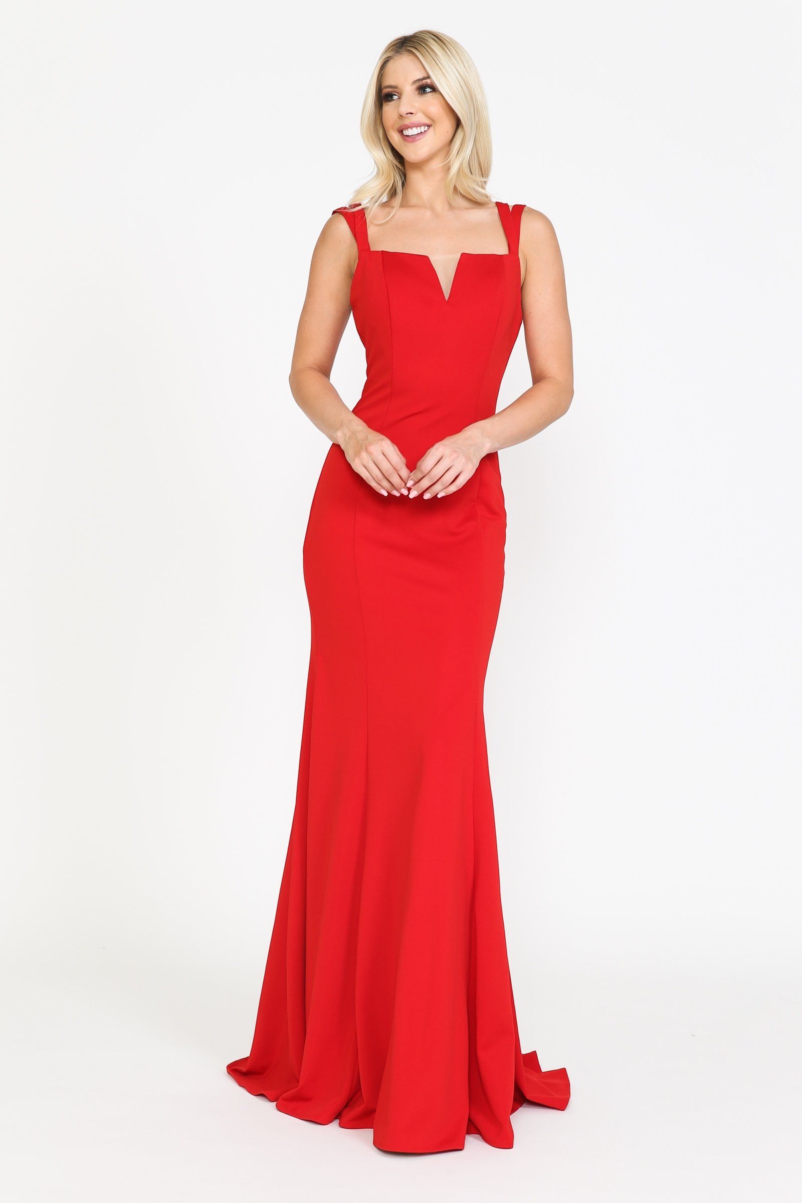 Red V-Neck Floor-Length Jersey Formal Dress with Mermaid Silhouette Poly USA 8392