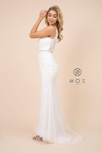 Fitted Long Lace Applique Wedding Dress Formal - The Dress Outlet Nox Anabel