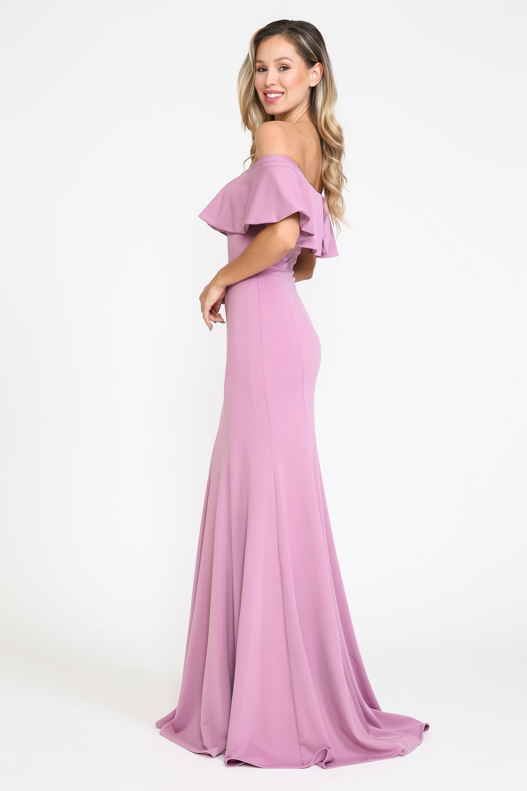 Violet Off-the-Shoulder Floor-Length Heavy Jersey Formal Gown with Sweep Train Poly USA 8146