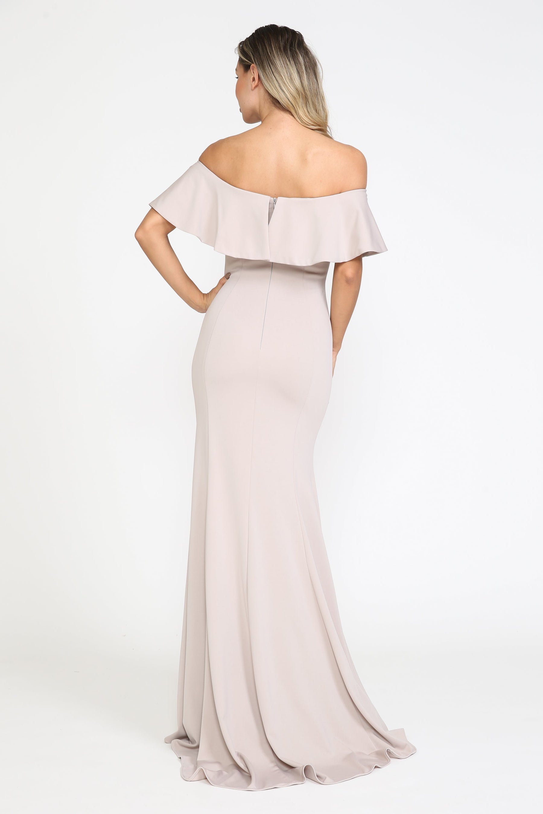 Mocha Off-the-Shoulder Floor-Length Heavy Jersey Formal Gown with Sweep Train Poly USA 8146
