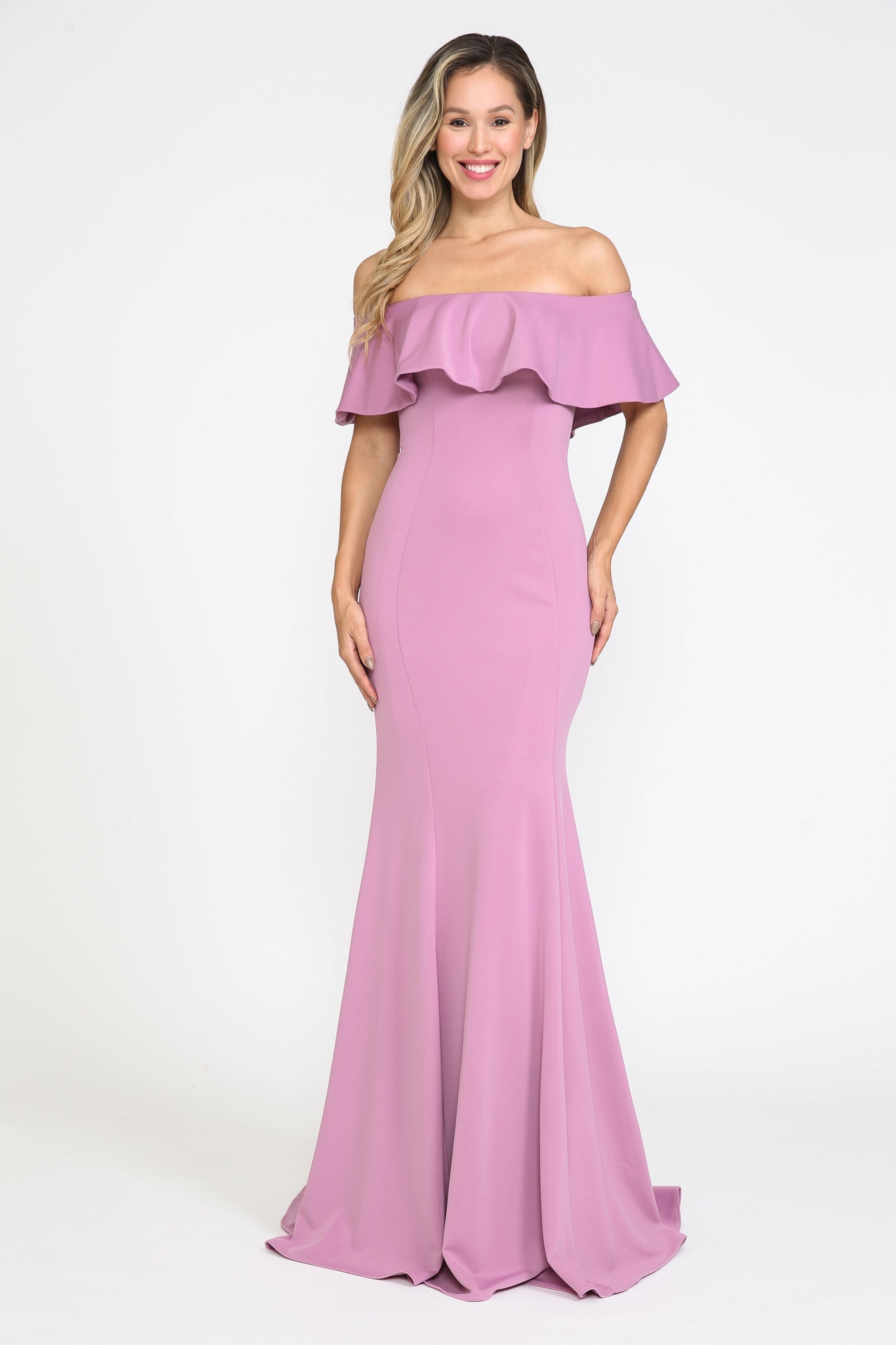 Violet Off-the-Shoulder Floor-Length Heavy Jersey Formal Gown with Sweep Train Poly USA 8146