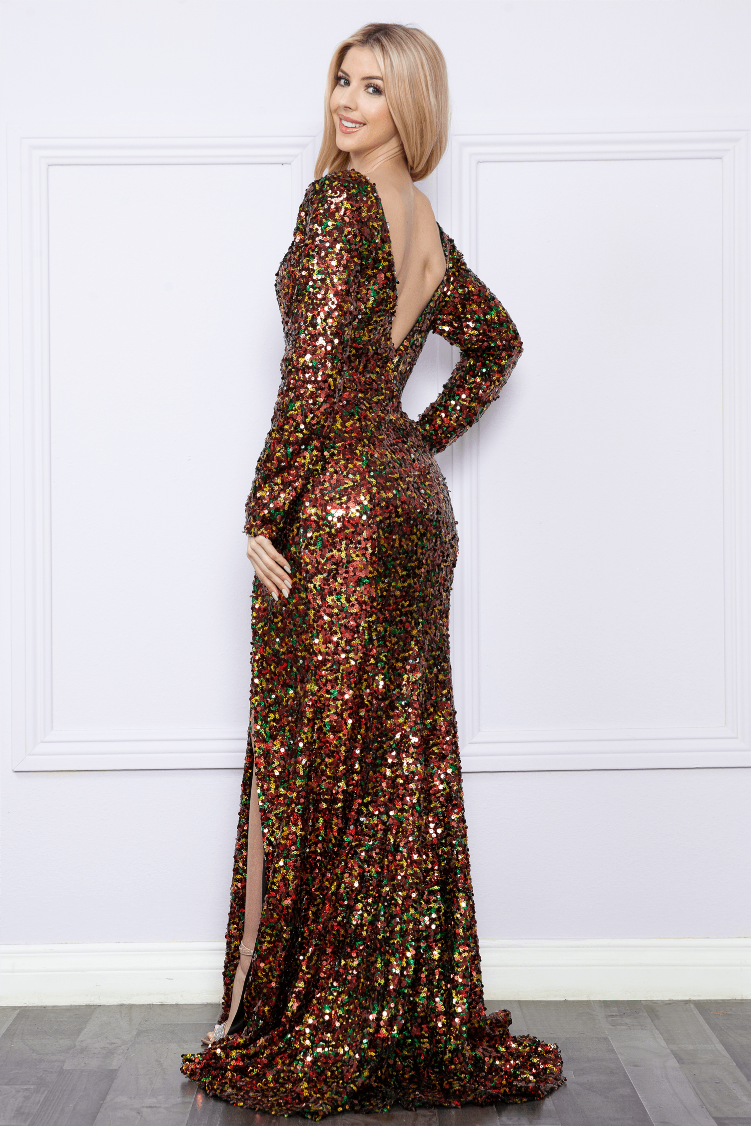 Black/Gold V-Neck Floor-Length Sequin Prom Gown with High Slit Formal Gown Poly USA 9010
