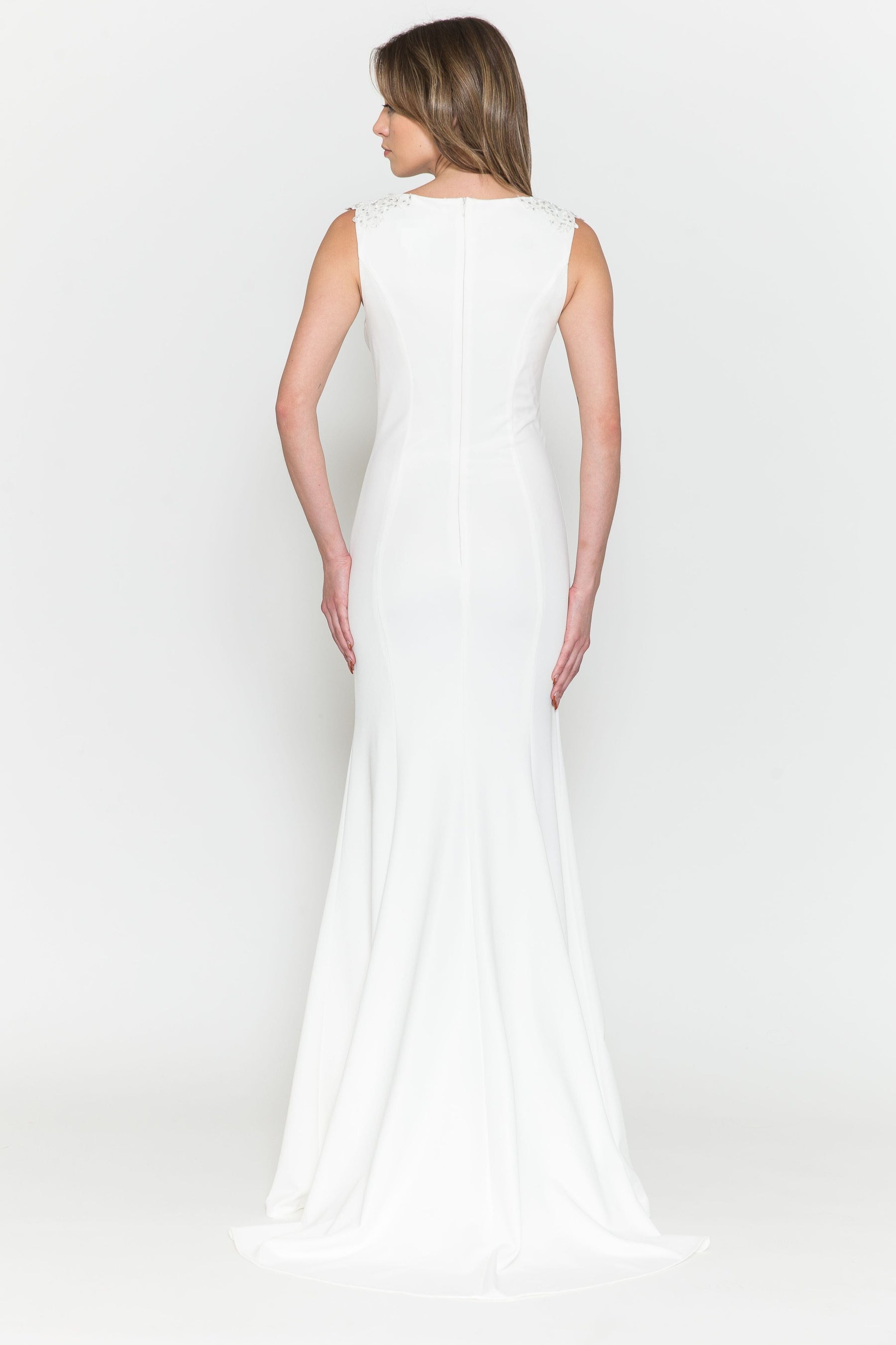 Off White Round Neck Floor-Length Heavy Jersey Wedding Gown with Detachable Chiffon Cape Poly USA 8566