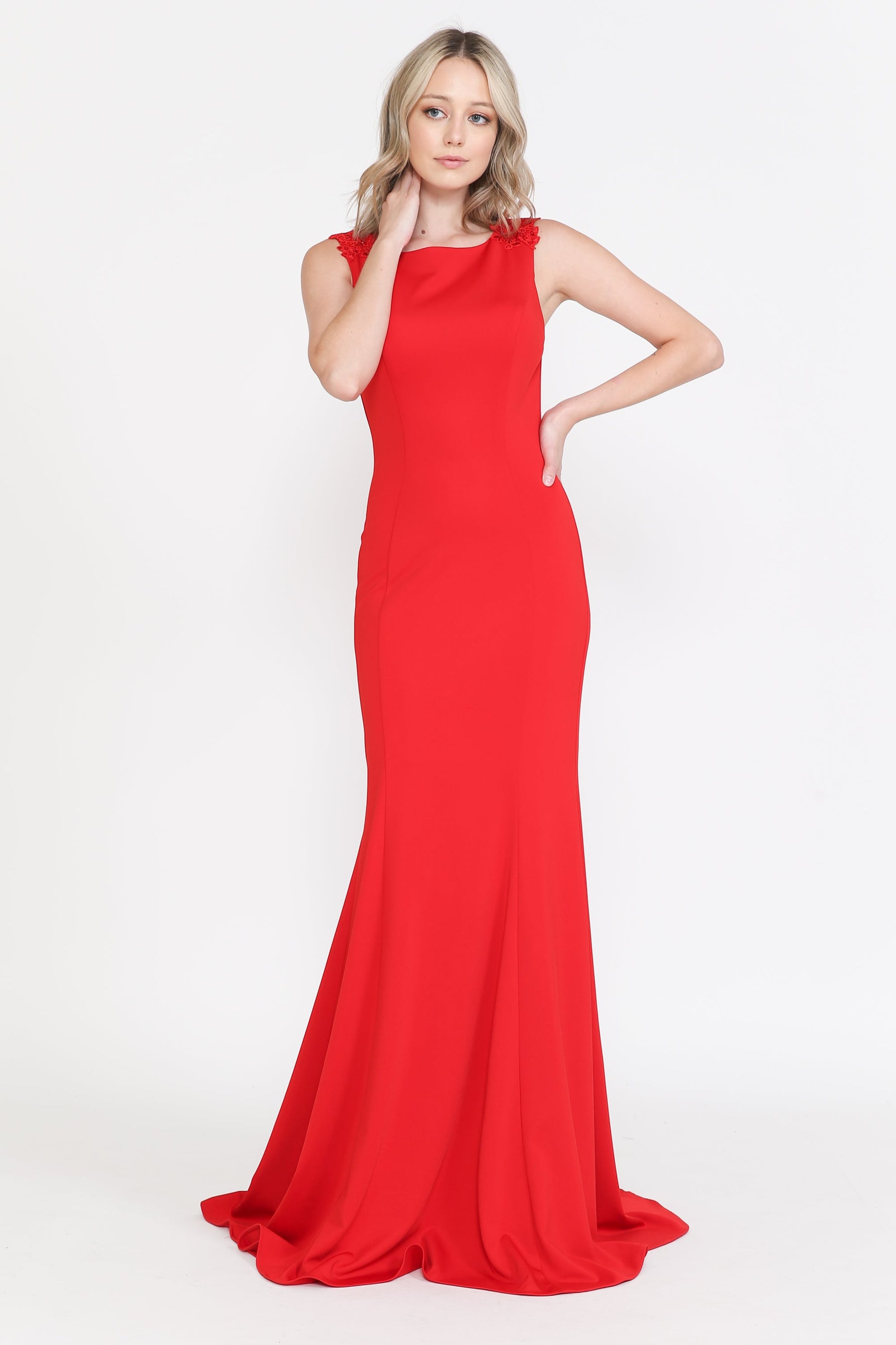 Red Round Neck Floor-Length Heavy Jersey Formal Gown with Detachable Chiffon Cape Poly USA 8566