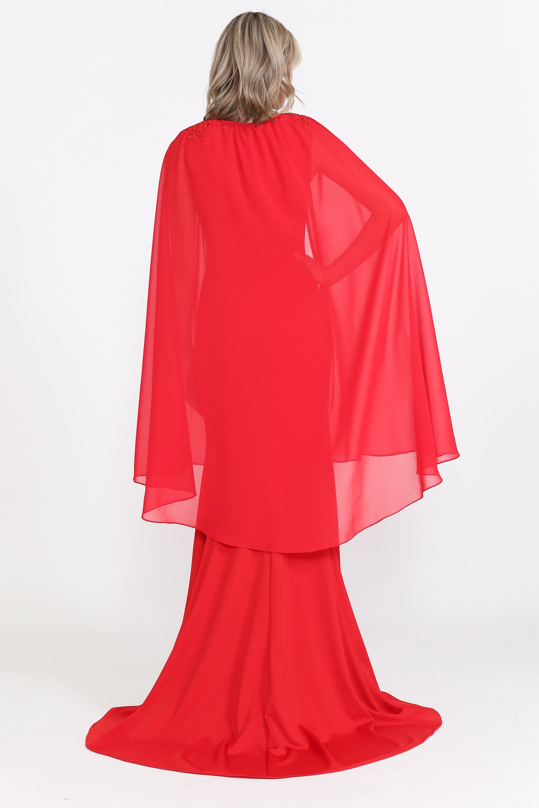 Red Round Neck Floor-Length Heavy Jersey Formal Gown with Detachable Chiffon Cape Poly USA 8566