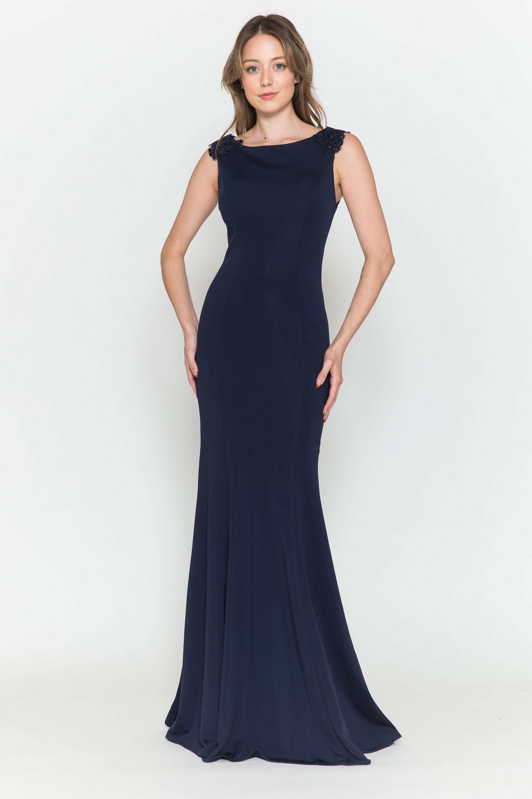 Navy Round Neck Floor-Length Heavy Jersey Formal Gown with Detachable Chiffon Cape Poly USA 8566