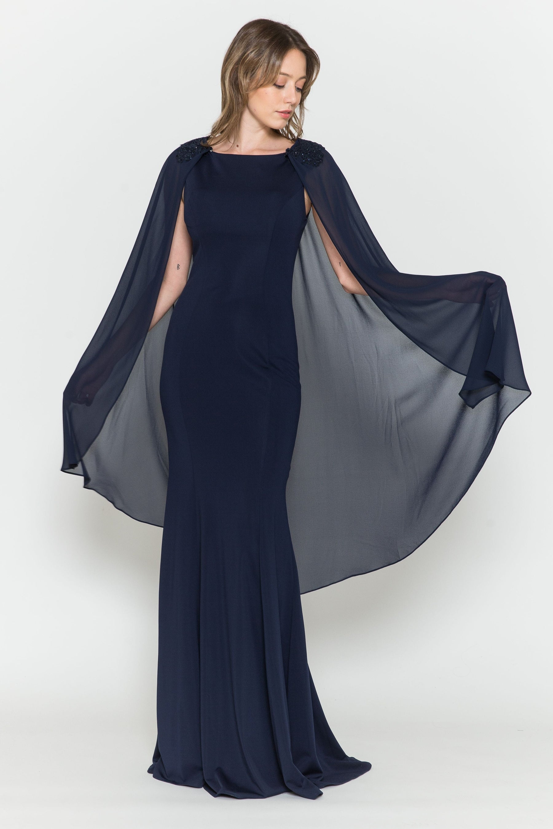 Navy Round Neck Floor-Length Heavy Jersey Formal Gown with Detachable Chiffon Cape Poly USA 8566