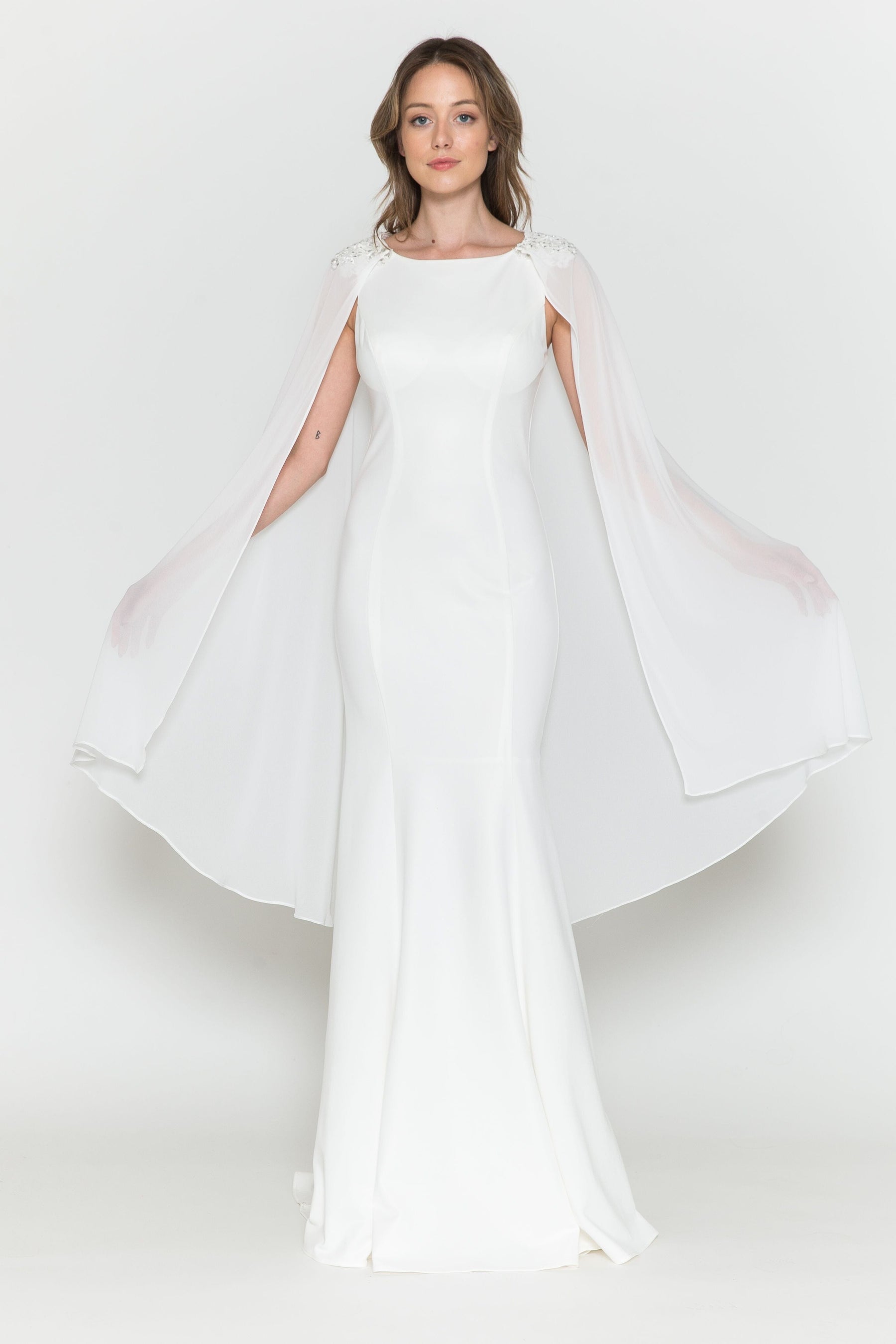 Off White Round Neck Floor-Length Heavy Jersey Wedding Gown with Detachable Chiffon Cape Poly USA 8566