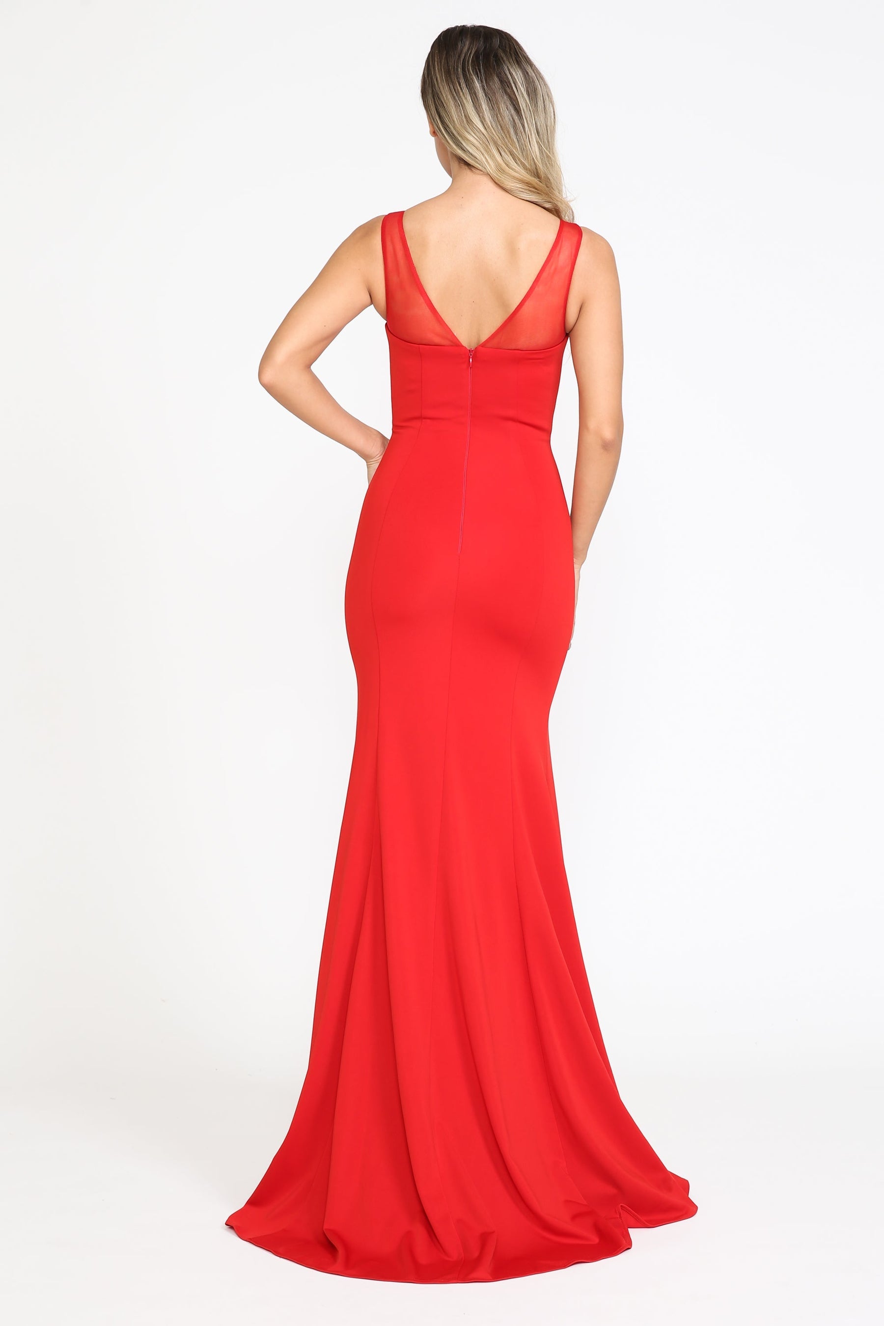 Red Sweetheart Neckline Floor-Length Heavy Jersey Formal Gown with Sweep Train Poly USA 8148