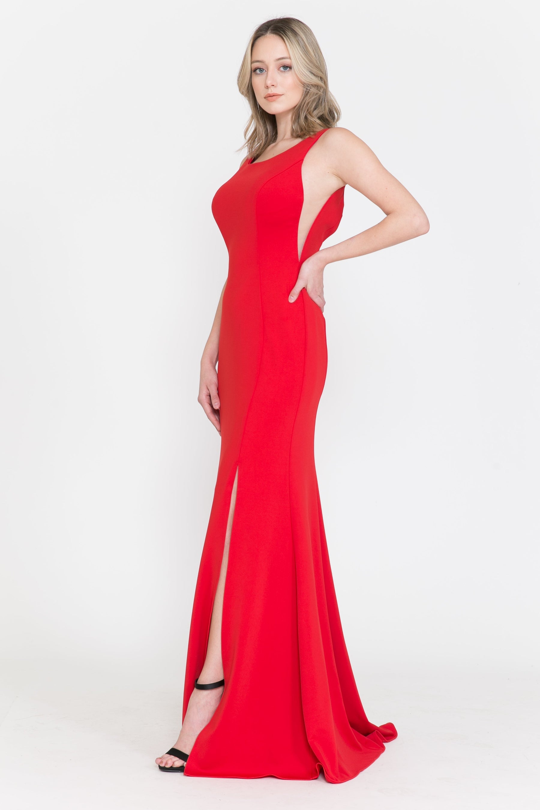 Red Scoop Neck Floor-Length Heavy Jersey Formal Gown with Side Slit Poly USA 8168