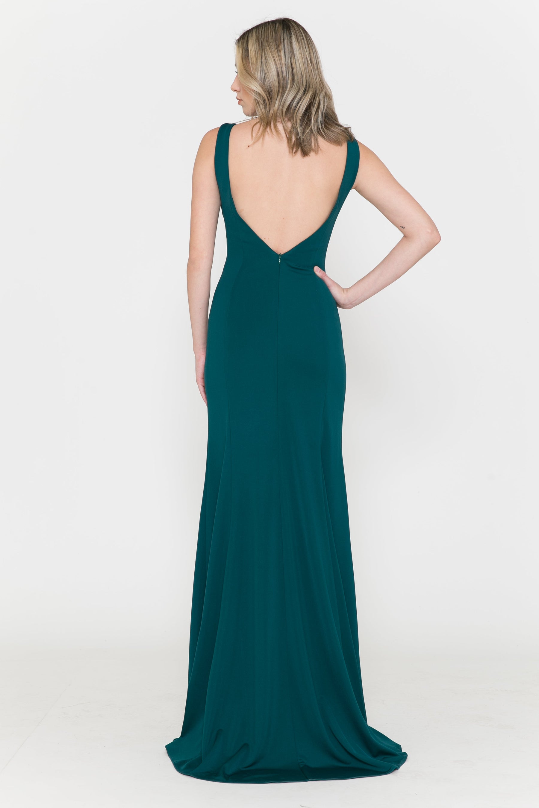 Green Scoop Neck Floor-Length Heavy Jersey Formal Gown with Side Slit Poly USA 8168