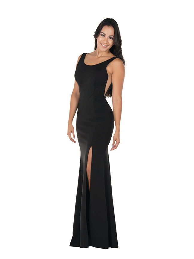 Black Scoop Neck Floor-Length Heavy Jersey Formal Gown with Side Slit Poly USA 8168