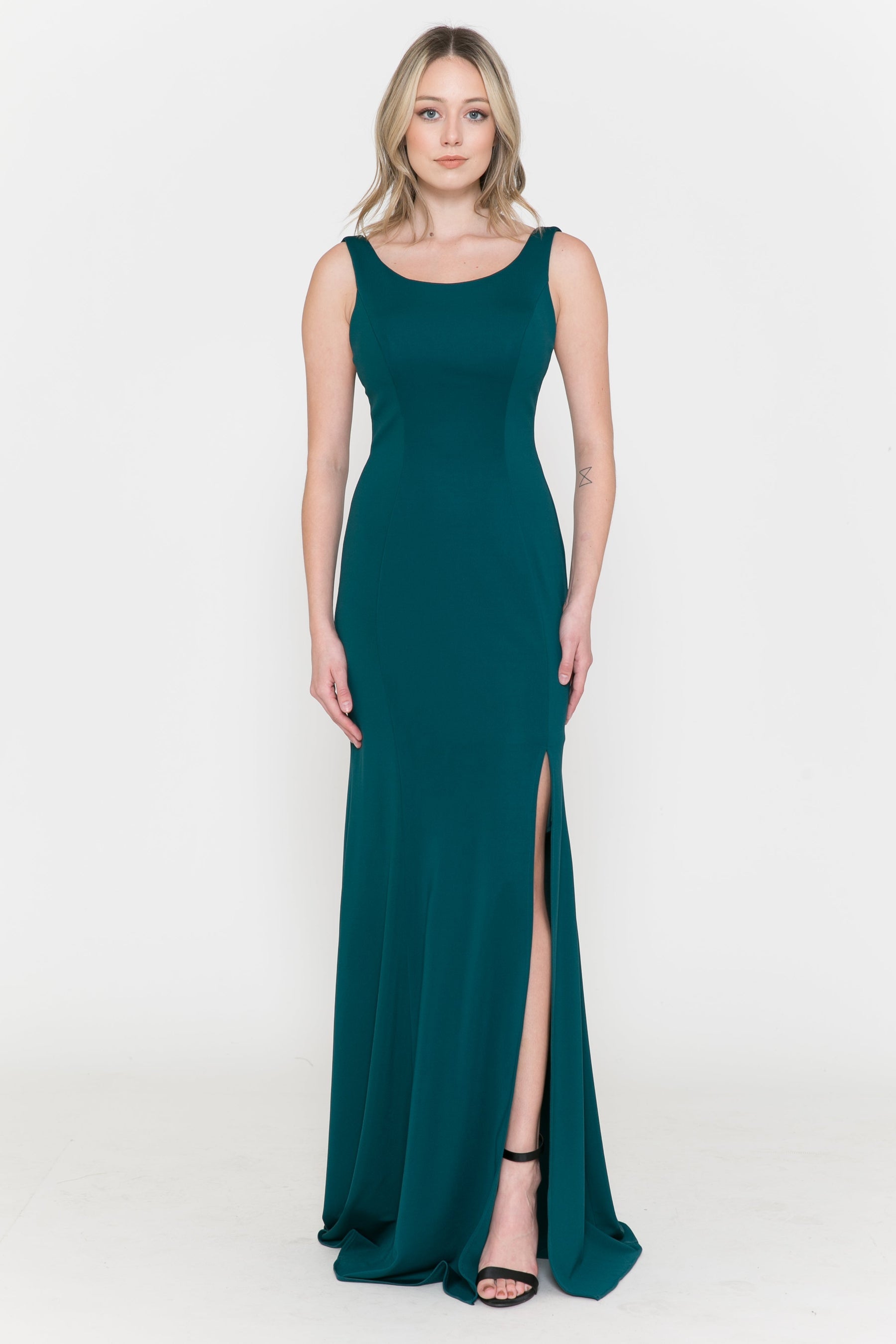 Green Scoop Neck Floor-Length Heavy Jersey Formal Gown with Side Slit Poly USA 8168