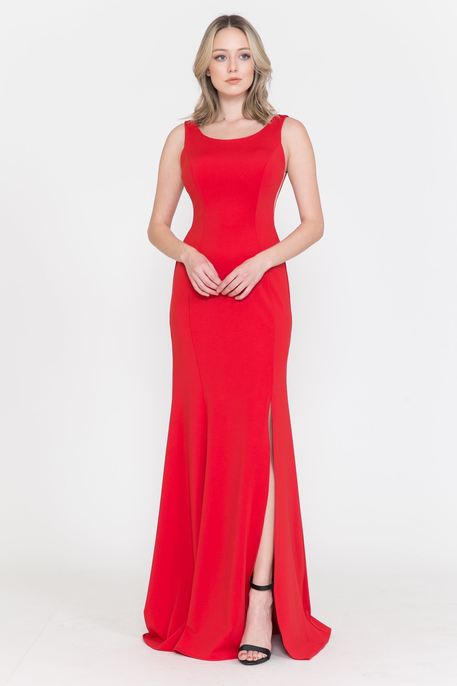 Red Scoop Neck Floor-Length Heavy Jersey Formal Gown with Side Slit Poly USA 8168