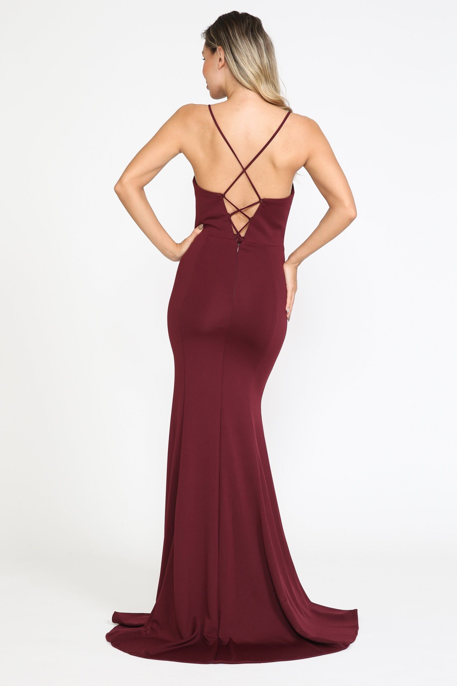 Burgundy Square Neck Floor-Length Jersey Formal Gown with Side Slit Poly USA 8376