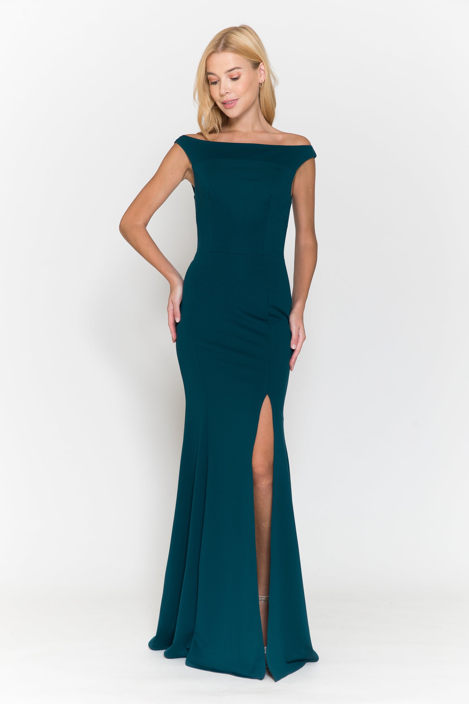 Emerald Off-the-Shoulder Floor-Length Heavy Jersey Formal Gown with Side Leg Slit Poly USA 8724