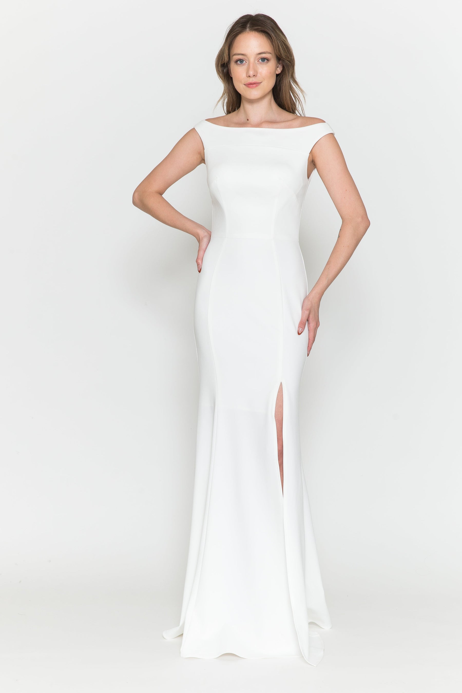 Off White Off-the-Shoulder Floor-Length Heavy Jersey Wedding Gown with Side Leg Slit Poly USA 8724