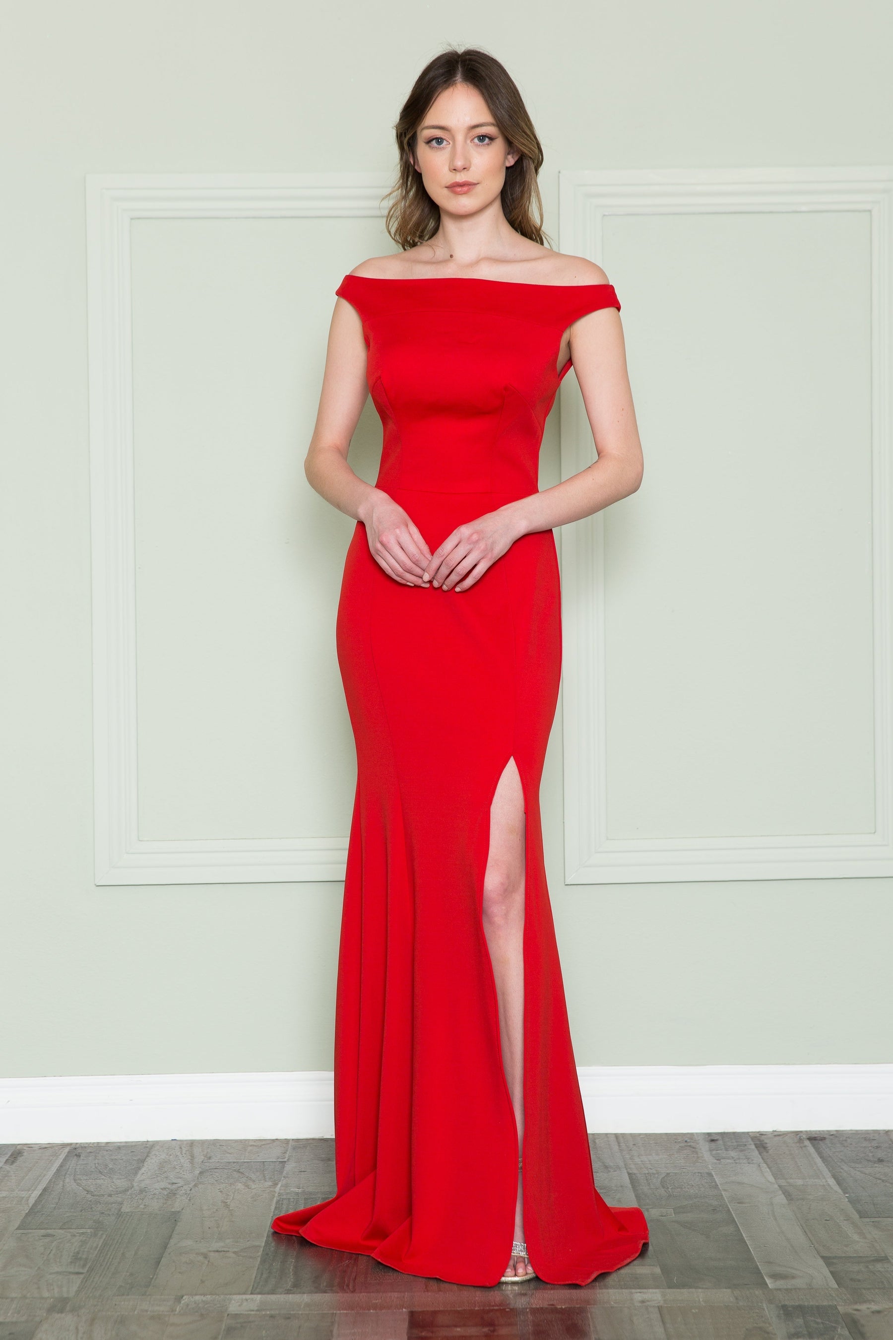 Red Off-the-Shoulder Floor-Length Heavy Jersey Formal Gown with Side Leg Slit Poly USA 8724