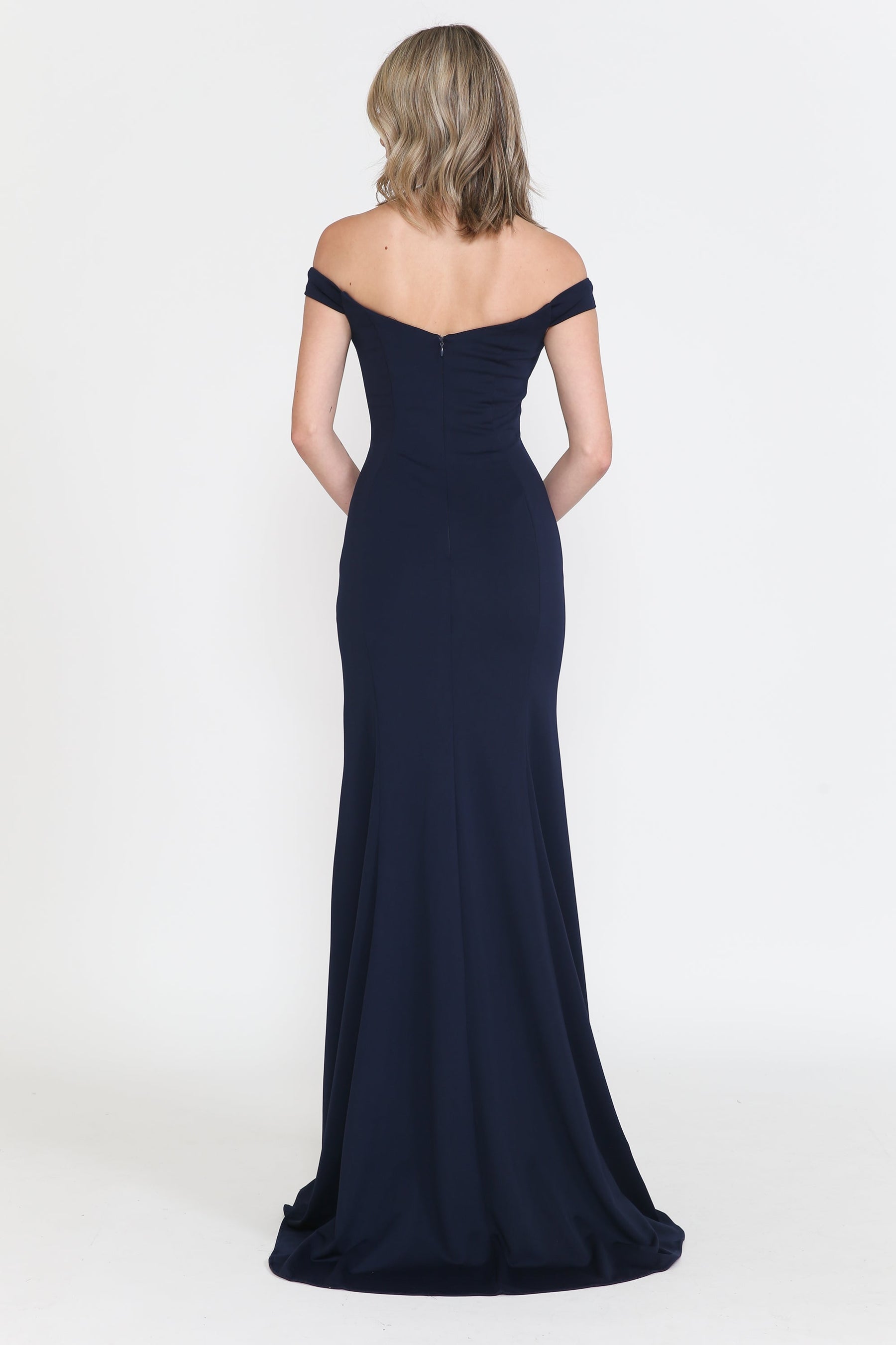 Navy Off-the-Shoulder Floor-Length Heavy Jersey Prom Gown with Side Slit Poly USA 8160